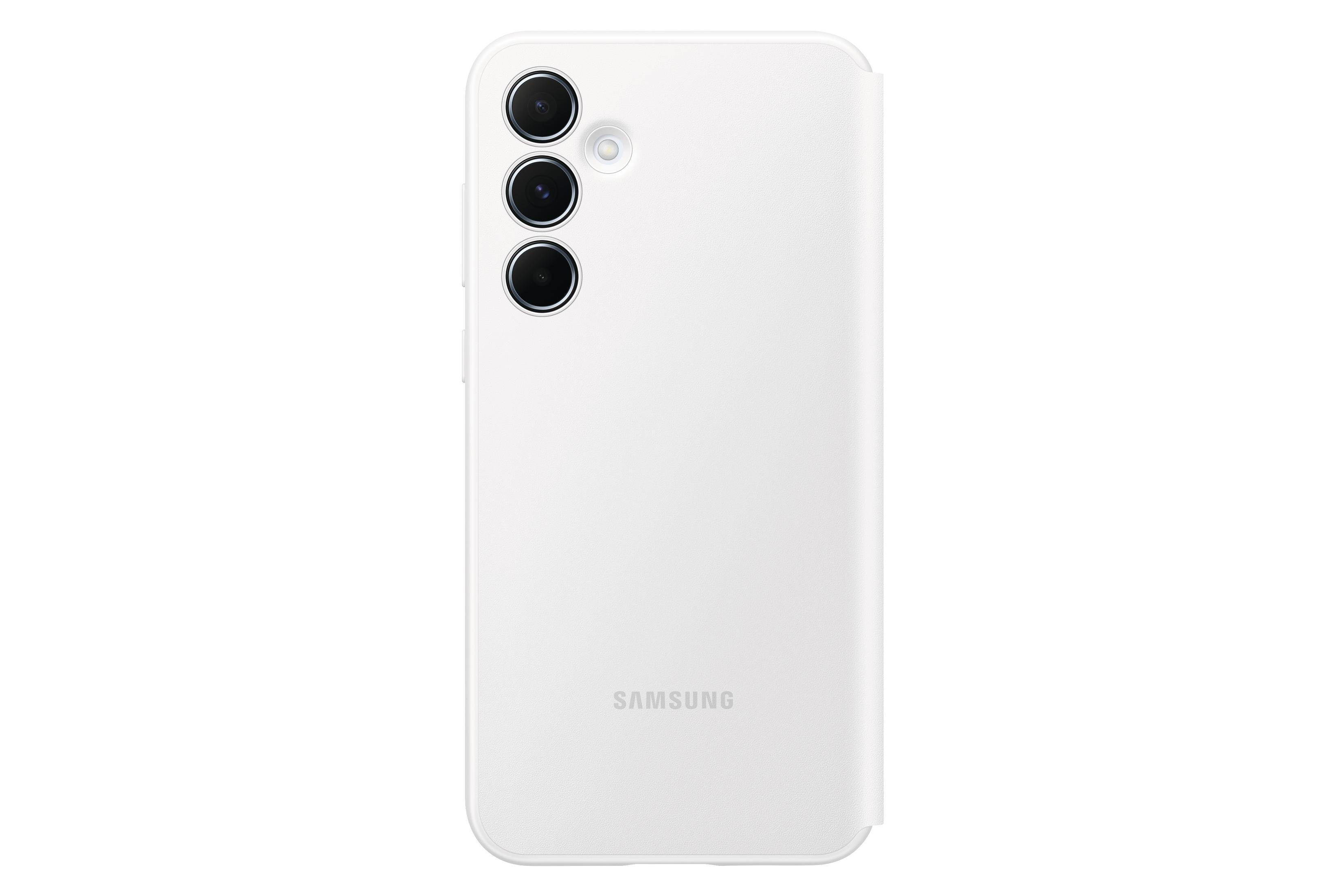Eine weiße Handyhülle mit drei Kameralinsen und einem Samsung-Logo auf der Rückseite.