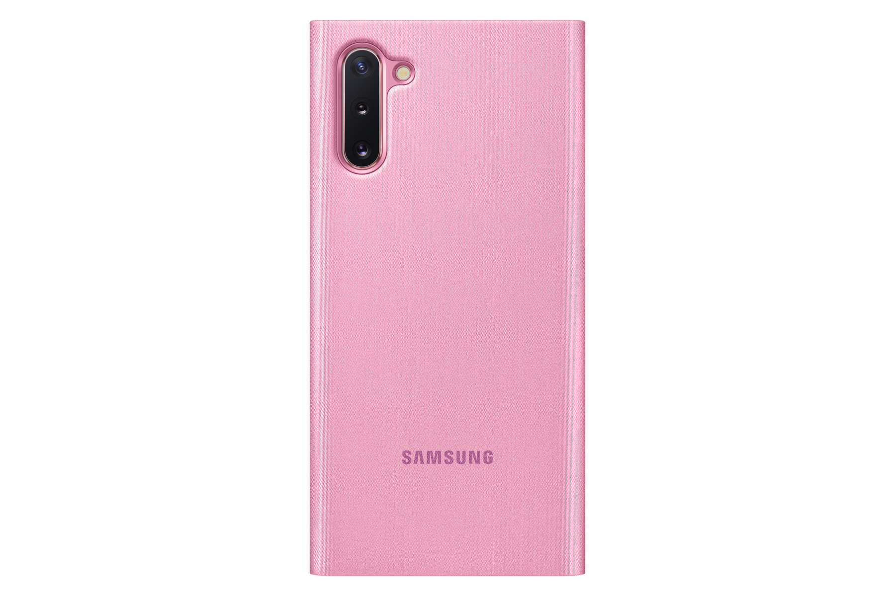Una custodia rosa per telefono Samsung con ritaglio fotocamera e logo.