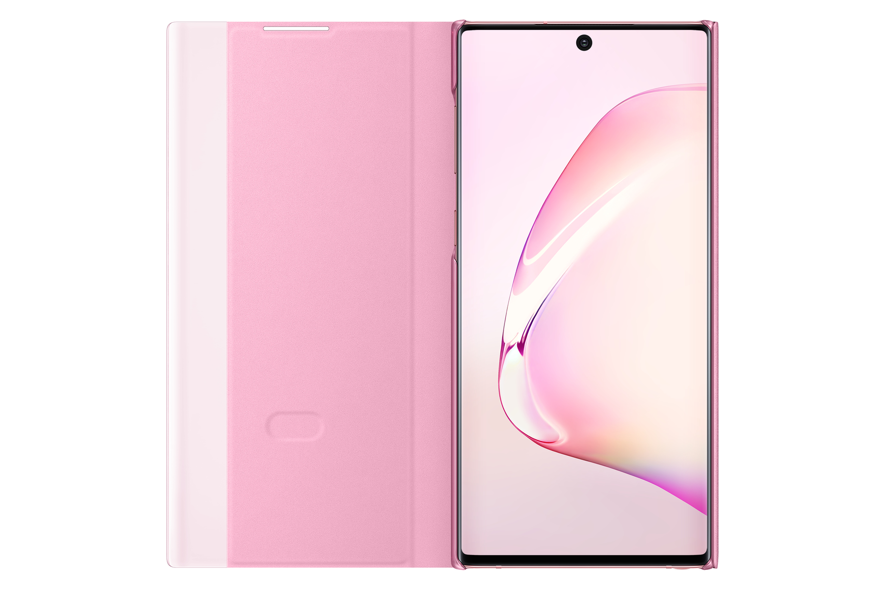 Una custodia rosa aperta rivela uno smartphone con schermo rosa.