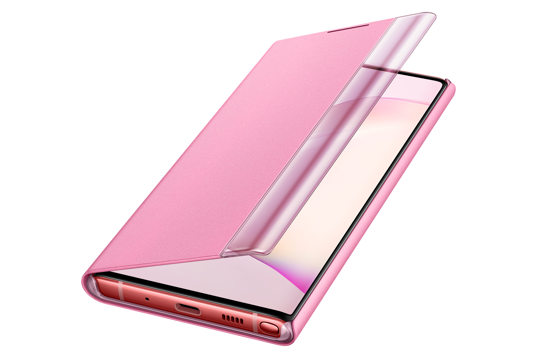 Una custodia rosa per telefono con copertina trasparente appoggiata su un telefono.