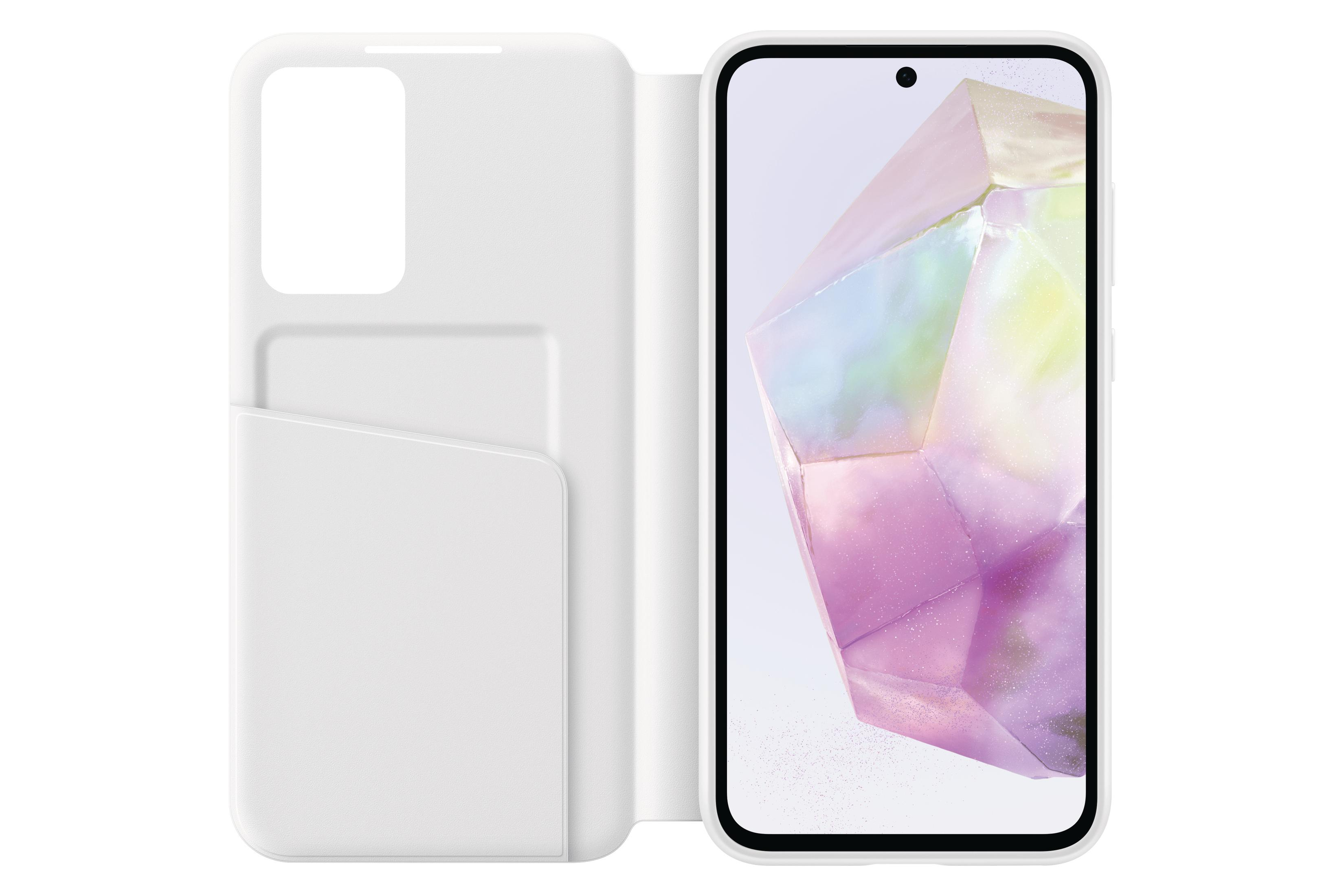 Funda de teléfono blanca con un teléfono dentro. Muestra la pantalla del teléfono y una ranura para tarjetas.