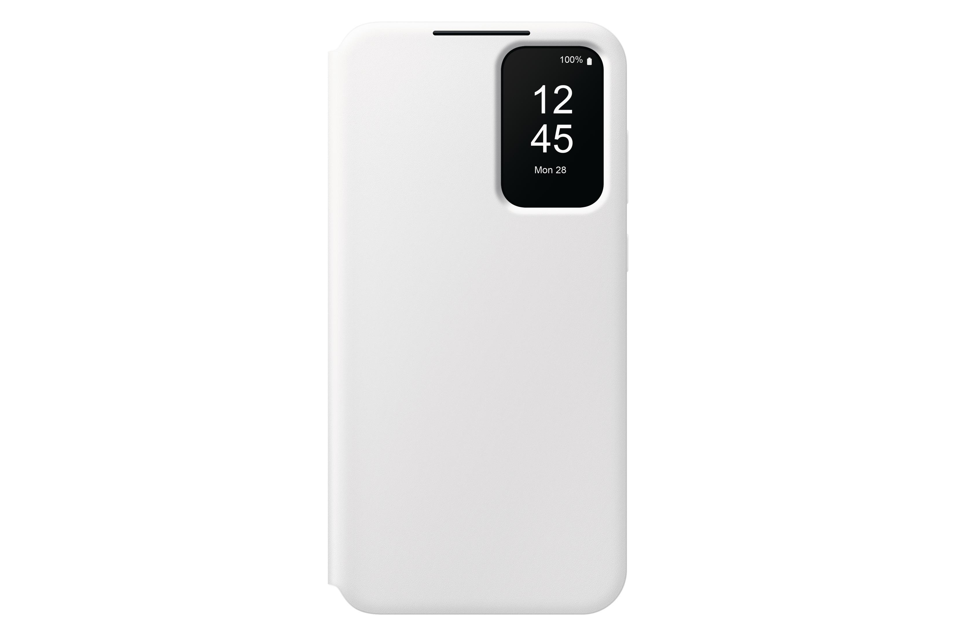 Una funda blanca para teléfono con una pantalla que muestra la hora y el porcentaje de batería. Funda cerrada.
