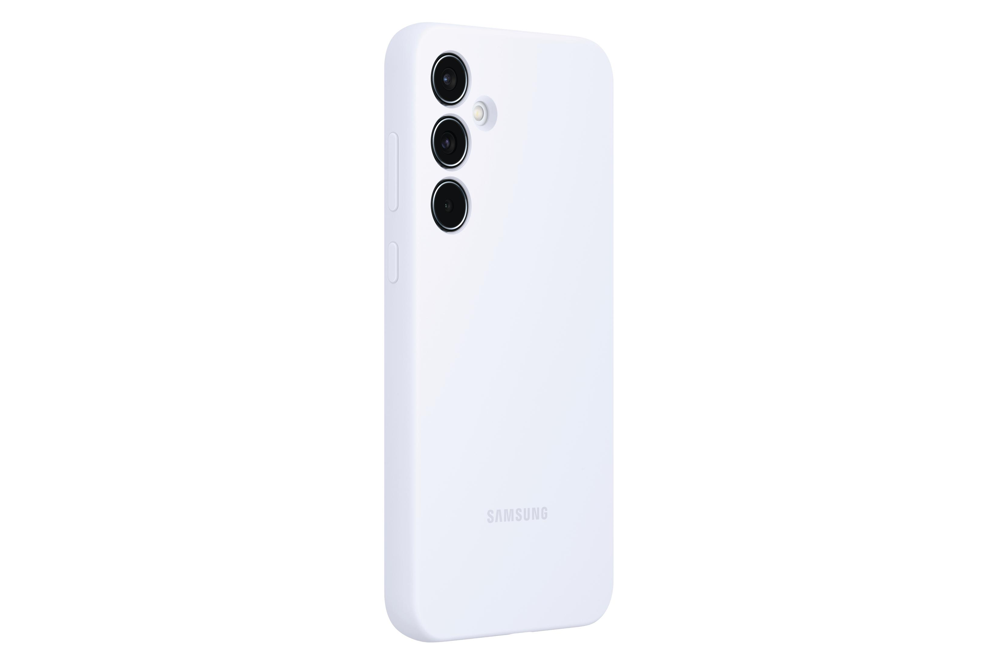 Weiße Handyhülle mit drei Kameralinsen und Samsung-Logo auf weißem Hintergrund.