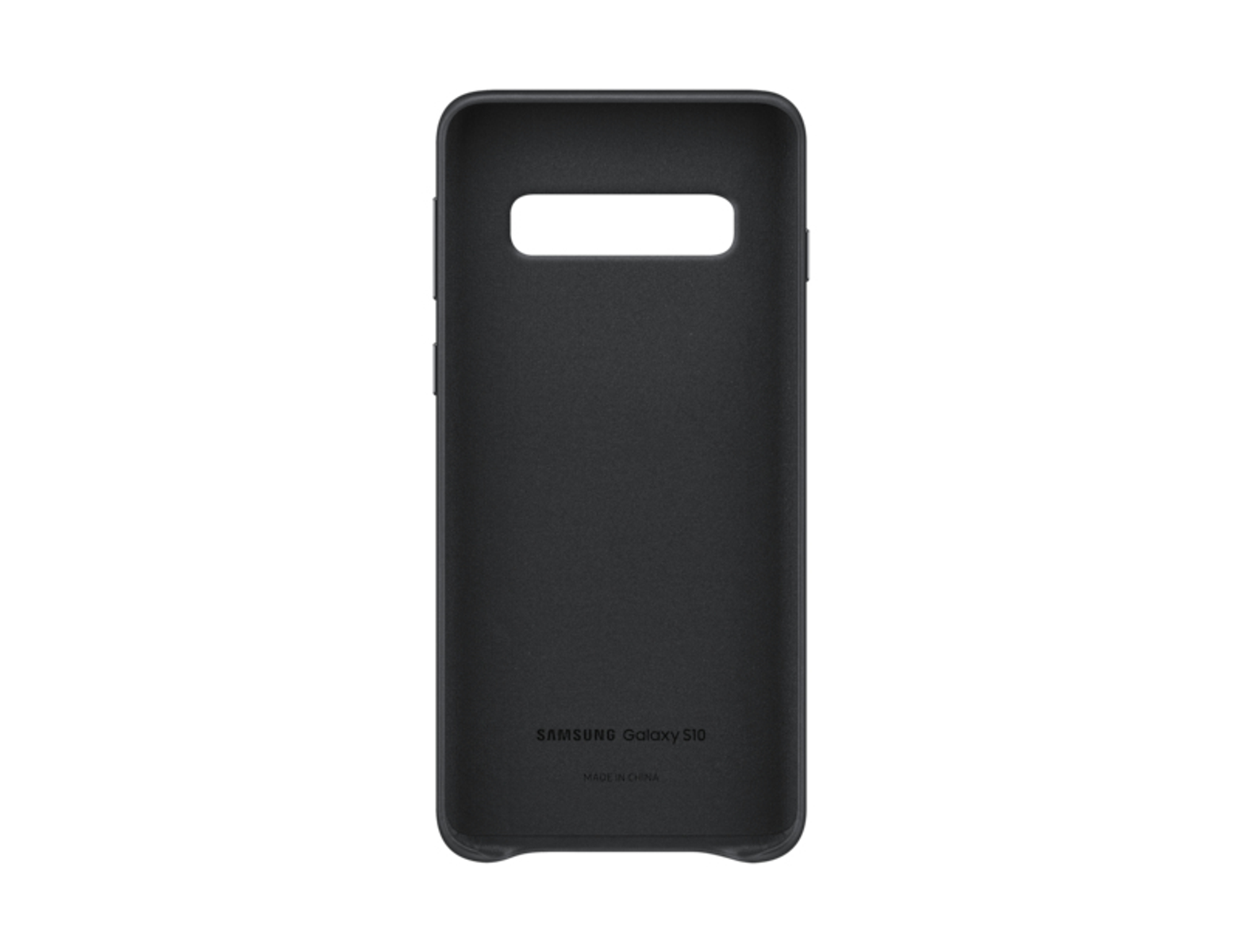 Une coque de téléphone Samsung S10 noire, avec les étiquettes Samsung et Made in China.