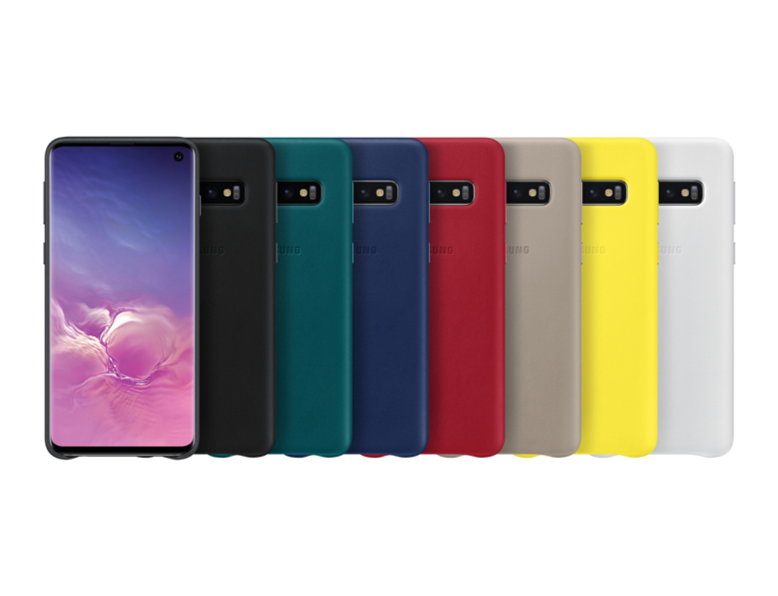Sept téléphones portables avec des étuis colorés alignés, montrant les écrans et le logo Samsung.