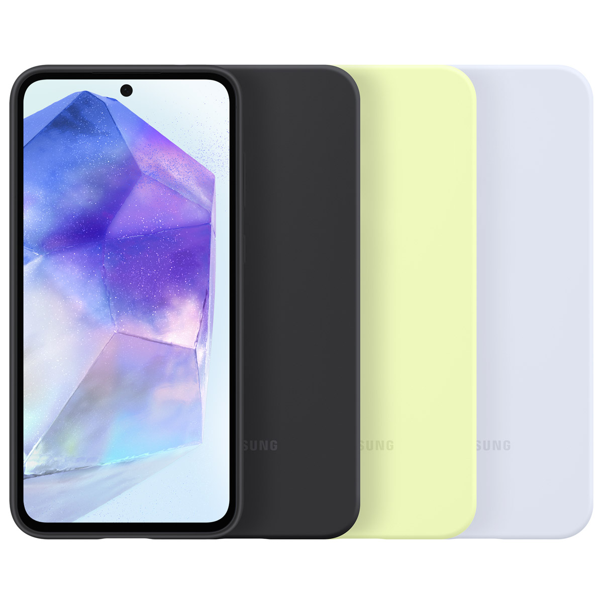 Ein Smartphone mit einem Bildschirm, der ein Kristallbild anzeigt, neben drei farbigen Handyhüllen: schwarz, gelb und weiß. Das Telefon ist schwarz.
