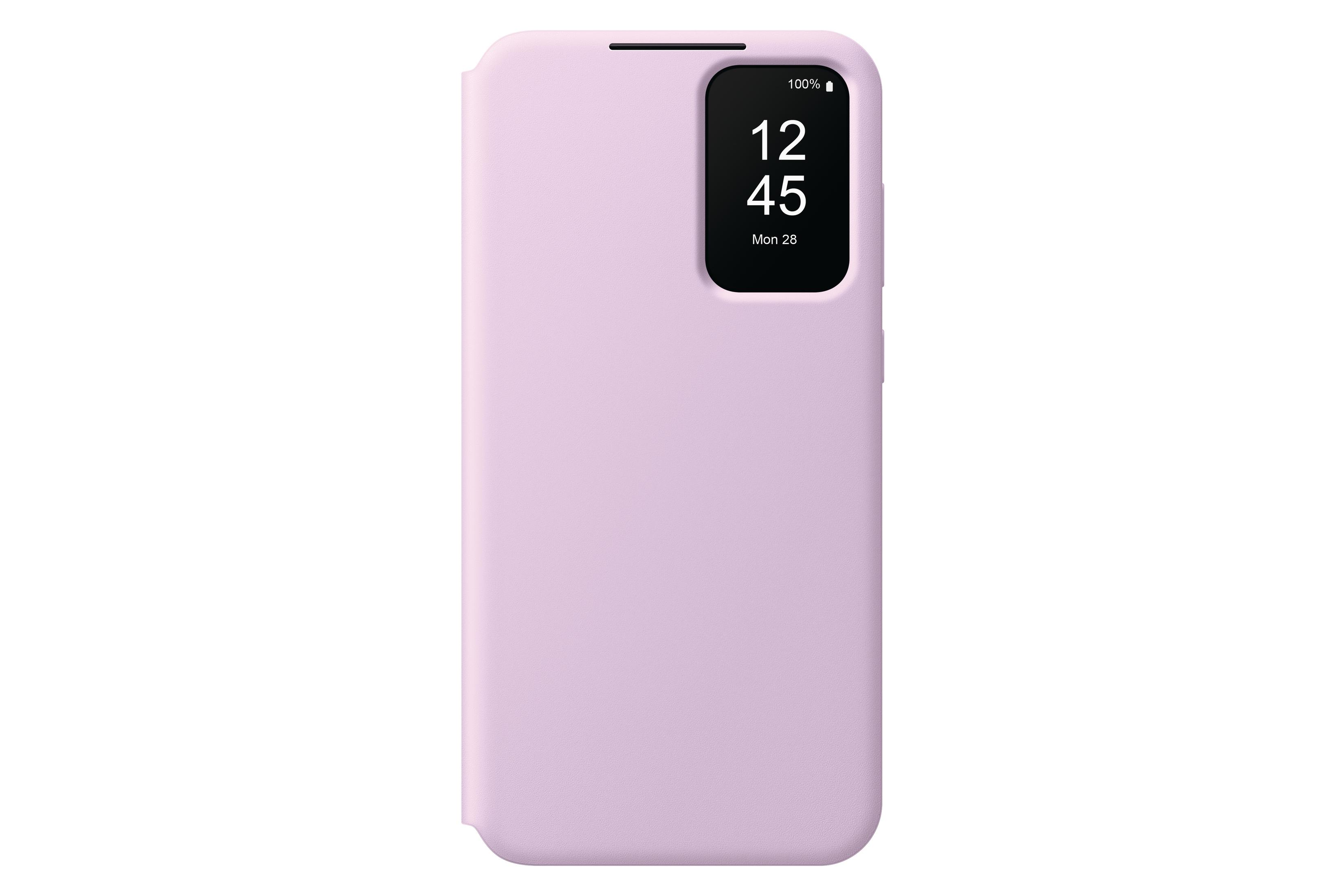 Una funda de teléfono lavanda con una pequeña pantalla que muestra la hora y el porcentaje de batería.