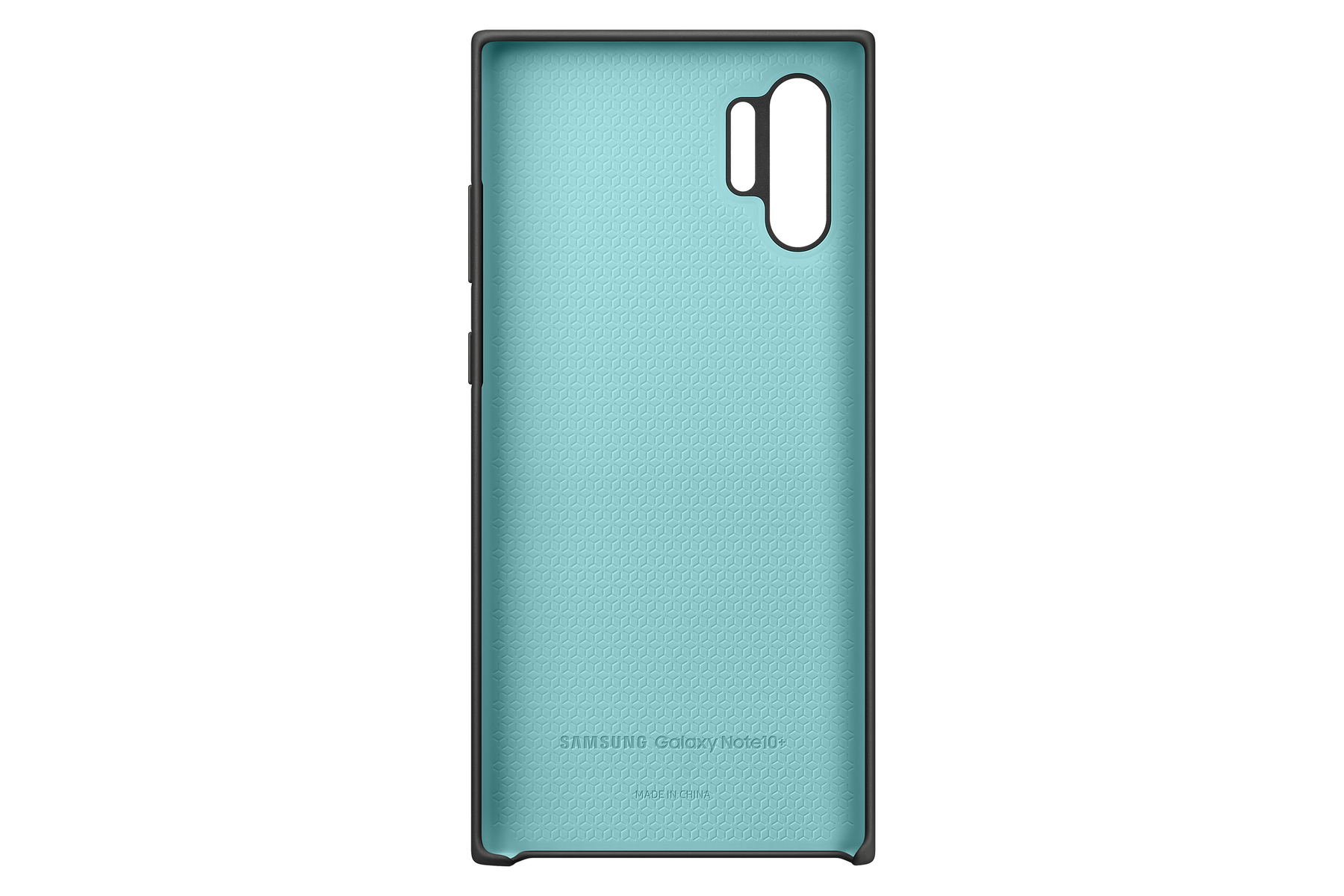 Interno della custodia del telefono con motivo esagonale azzurro e testo Samsung Galaxy Note10.