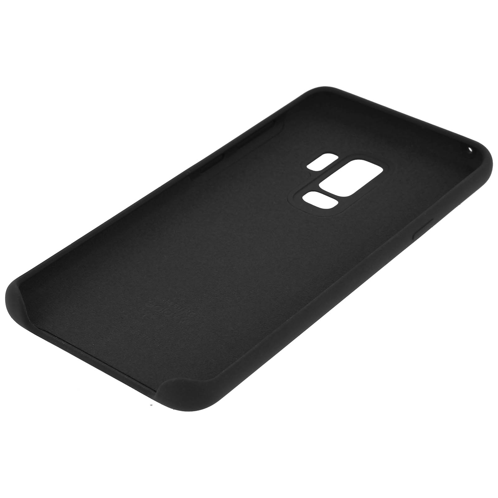 Funda negra para teléfono con recortes para cámara. Bordes curvos, superficie lisa.