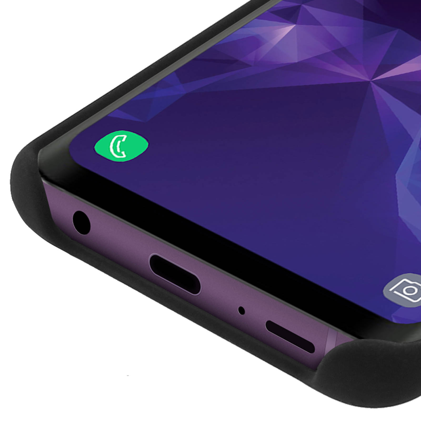 Primer plano de un teléfono negro con un icono verde. Muestra el borde inferior del teléfono.