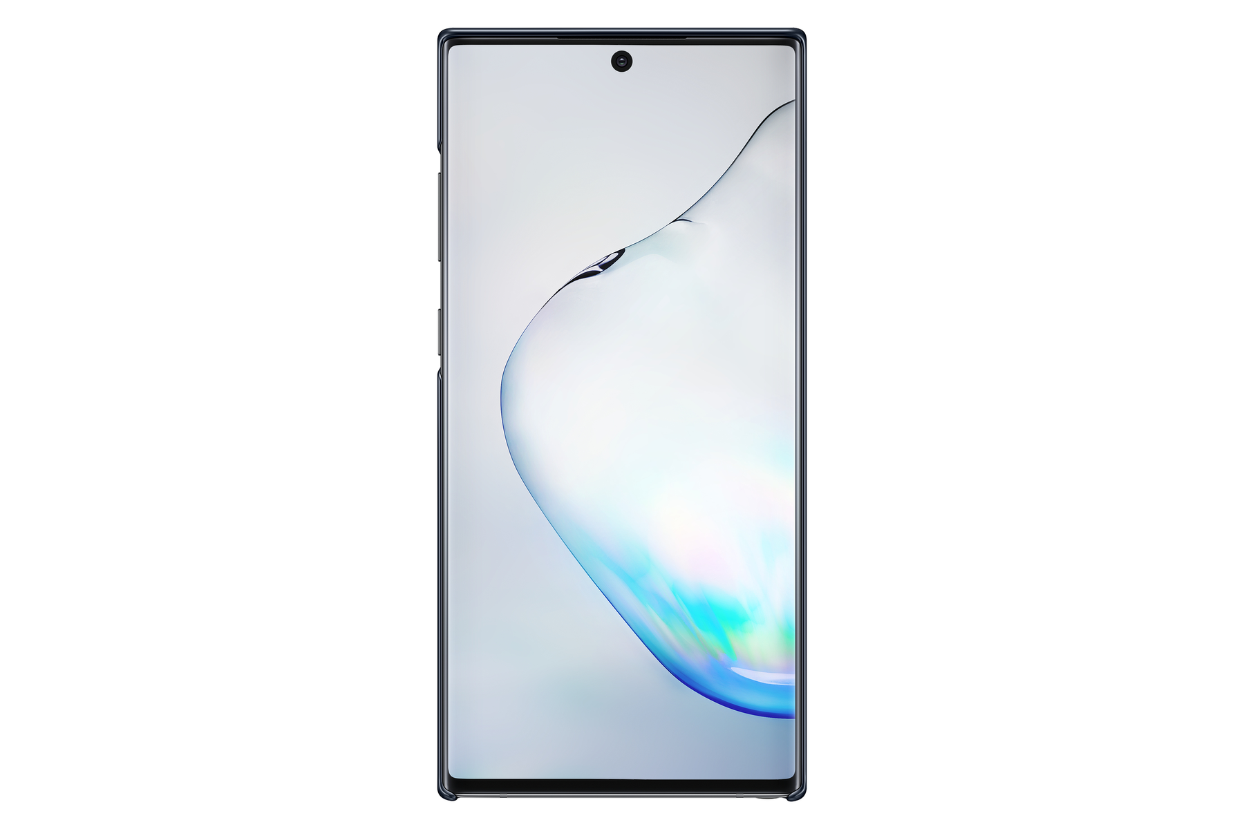 Uno smartphone scuro con uno sfondo astratto e colorato sul suo schermo.