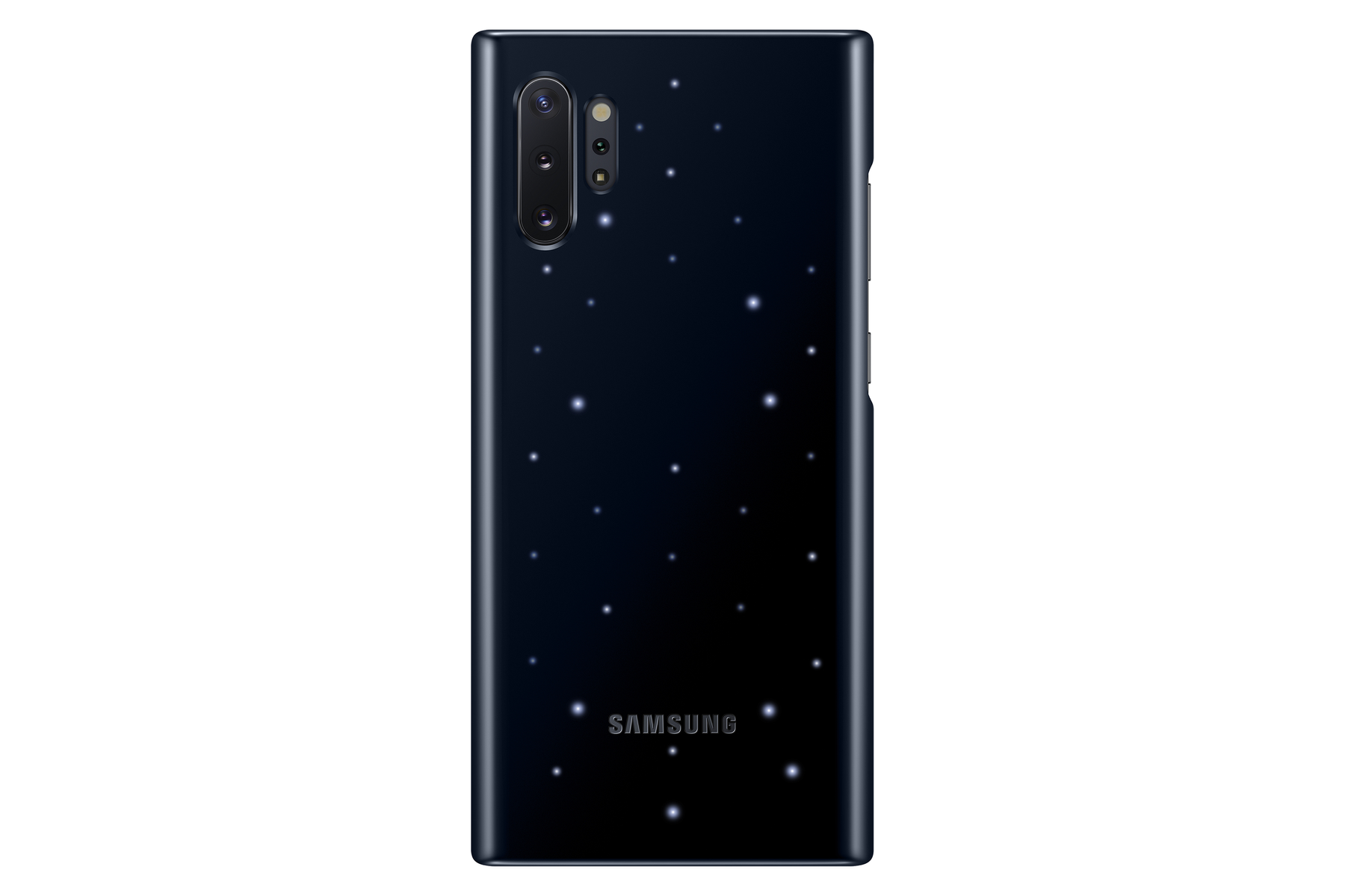 Telefono blu scuro con motivo a stelle e modulo fotocamera. Logo Samsung visibile.
