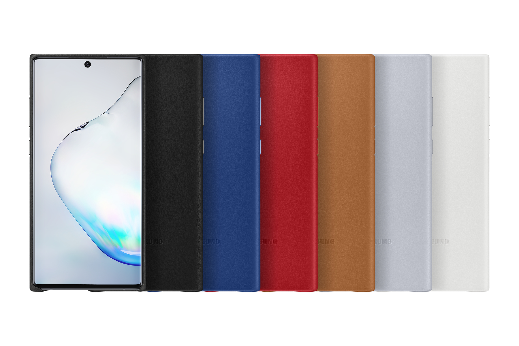 Ein Smartphone mit gebogenem Bildschirm neben Lederhüllen in Schwarz, Blau, Rot, Braun, Silber und Weiß, alle mit Samsung-Logo.