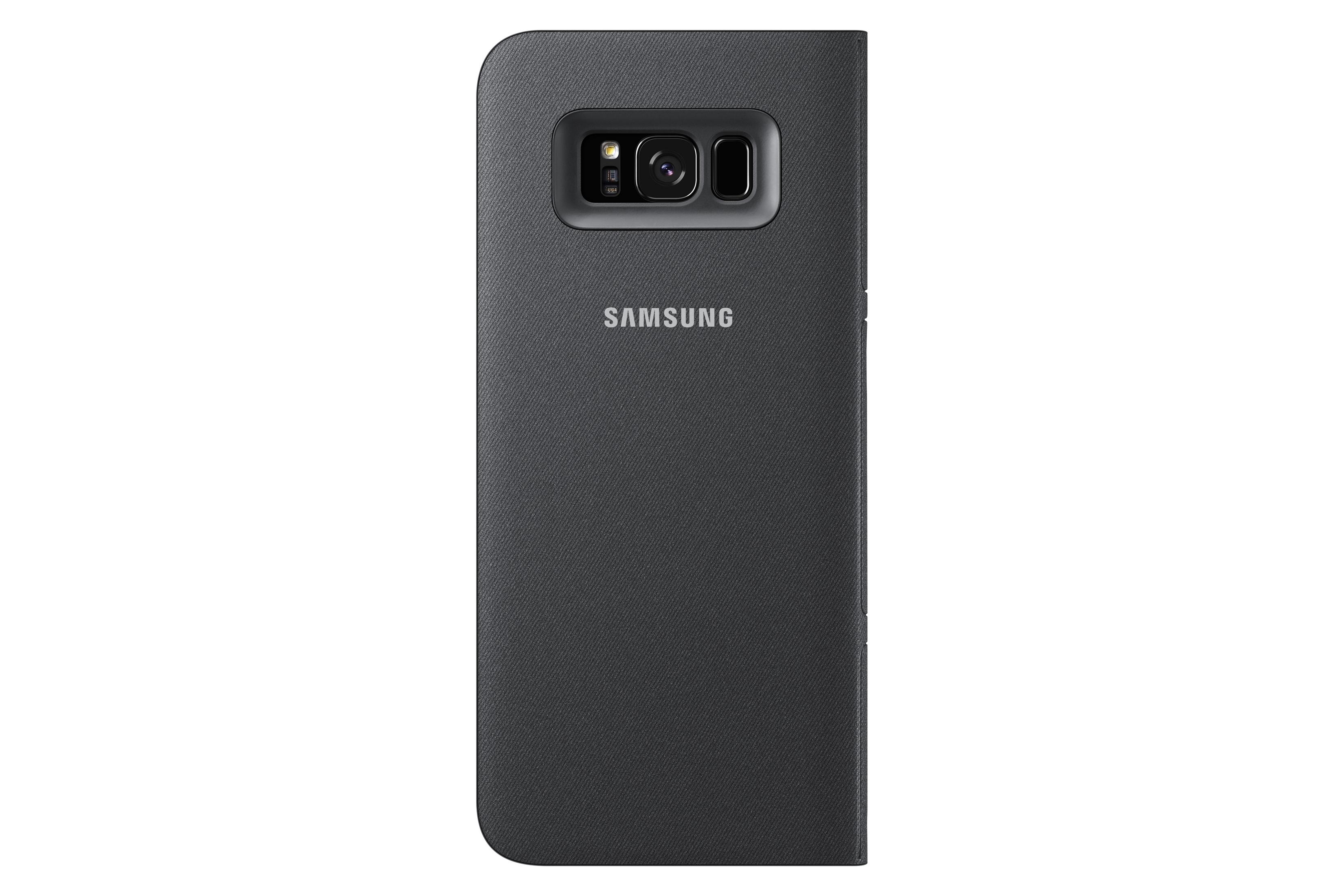 Schwarzes Samsung Handy mit Kamera und Blitz auf der Rückseite.