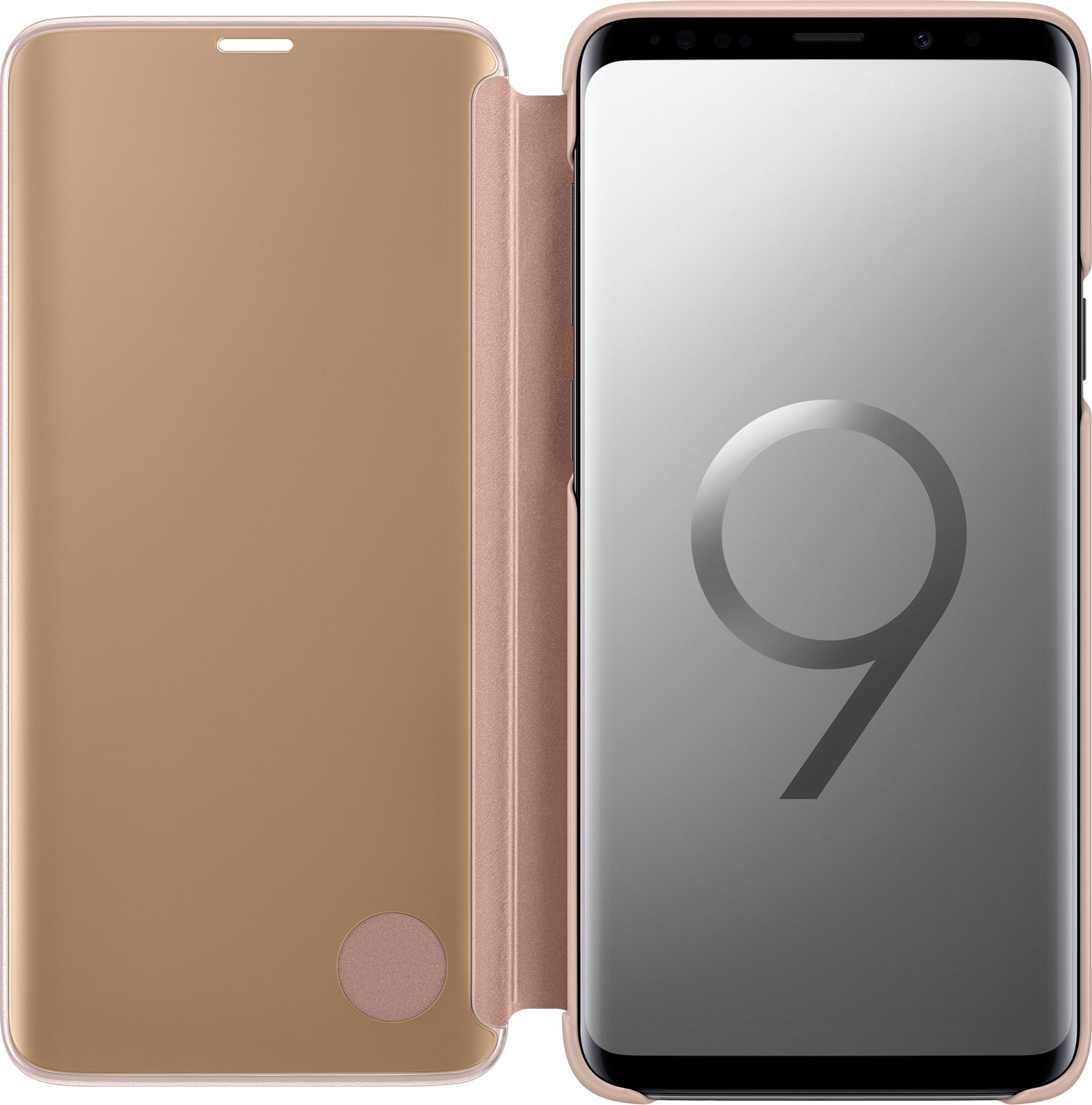 Custodia per telefono aperta, con telefono all'interno, color oro, su sfondo bianco.