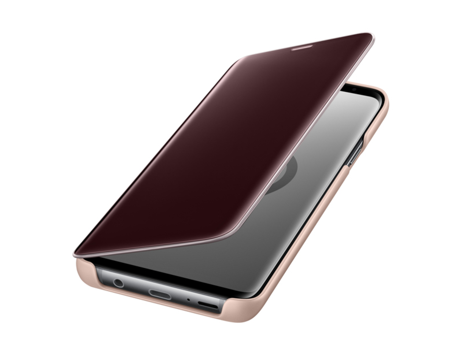 Custodia per telefono bordeaux con la cover aperta, che mostra lo schermo del telefono, isolata.