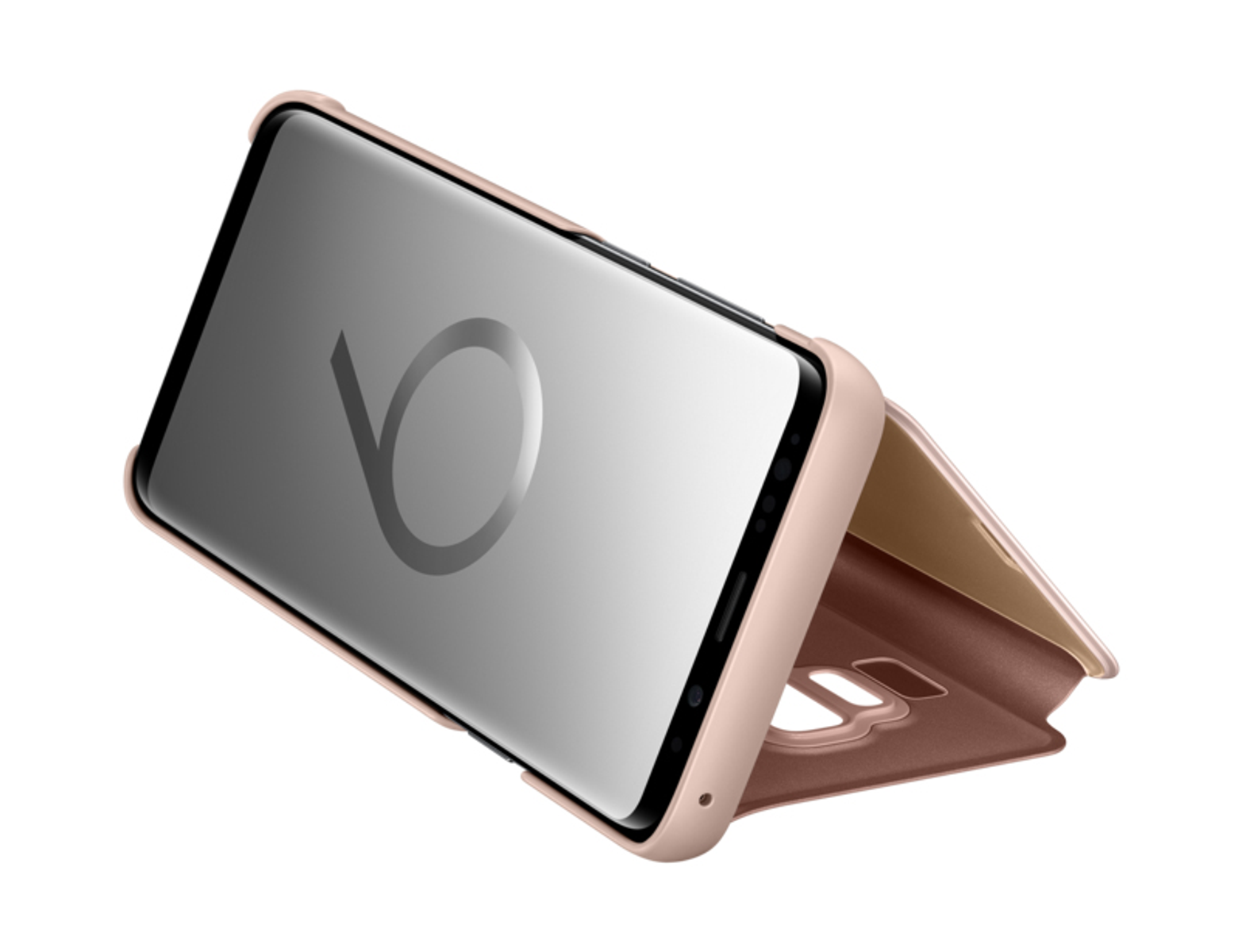 Un telefono con una custodia. Lo schermo mostra un colore argento e la custodia è marrone e rosa.