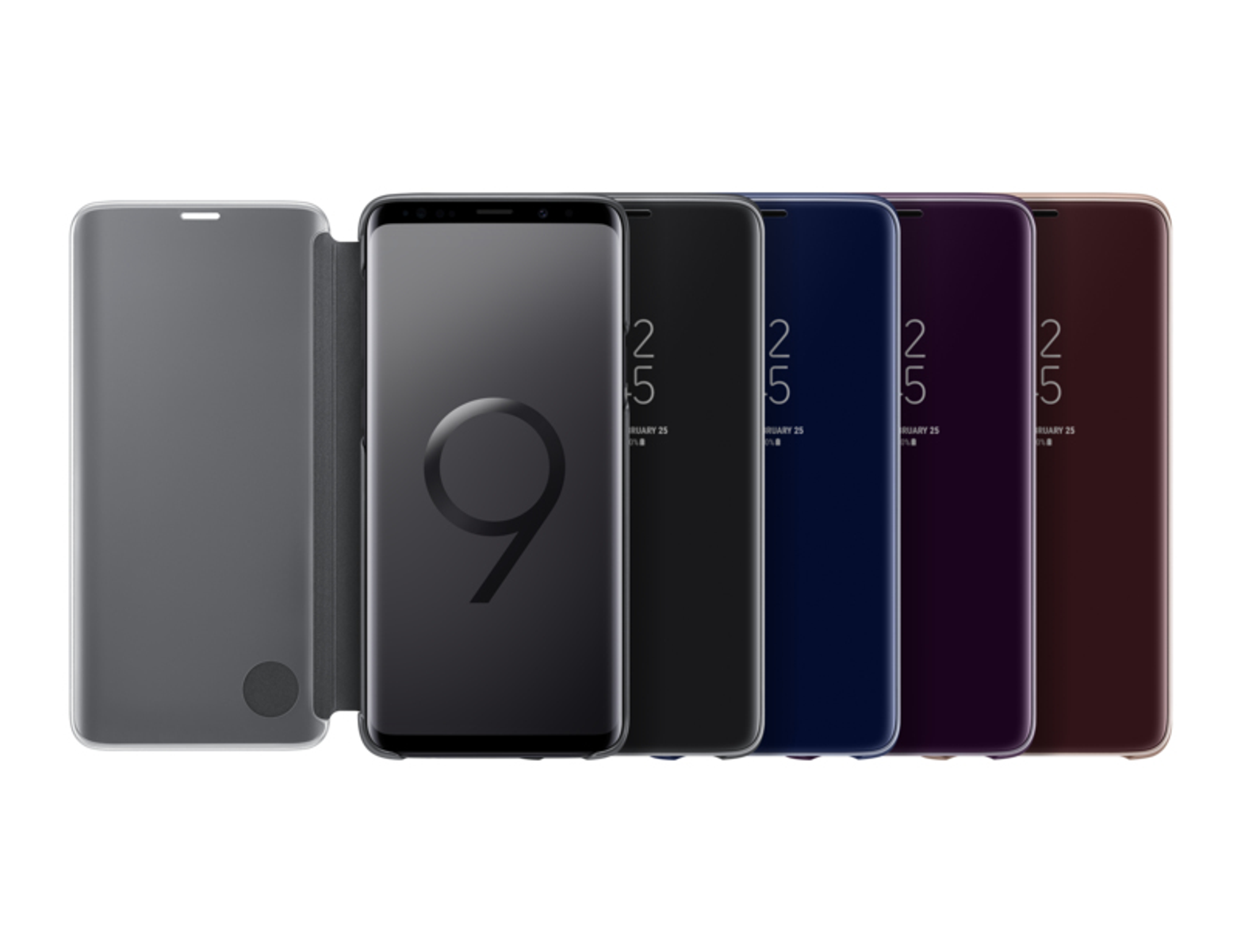 Fila di custodie per telefoni chiuse, diversi colori. Il telefono è visibile nella custodia aperta a sinistra.