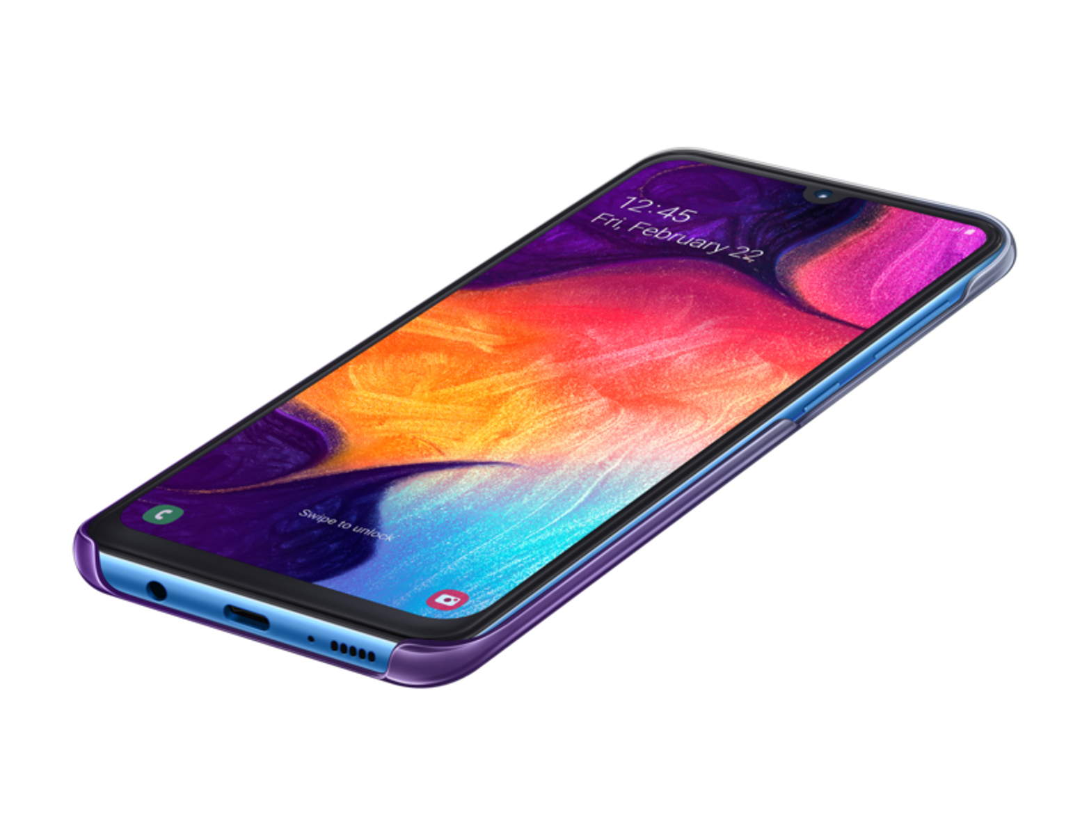 Een smartphone met een kleurrijk scherm, paars frame, op een witte achtergrond.