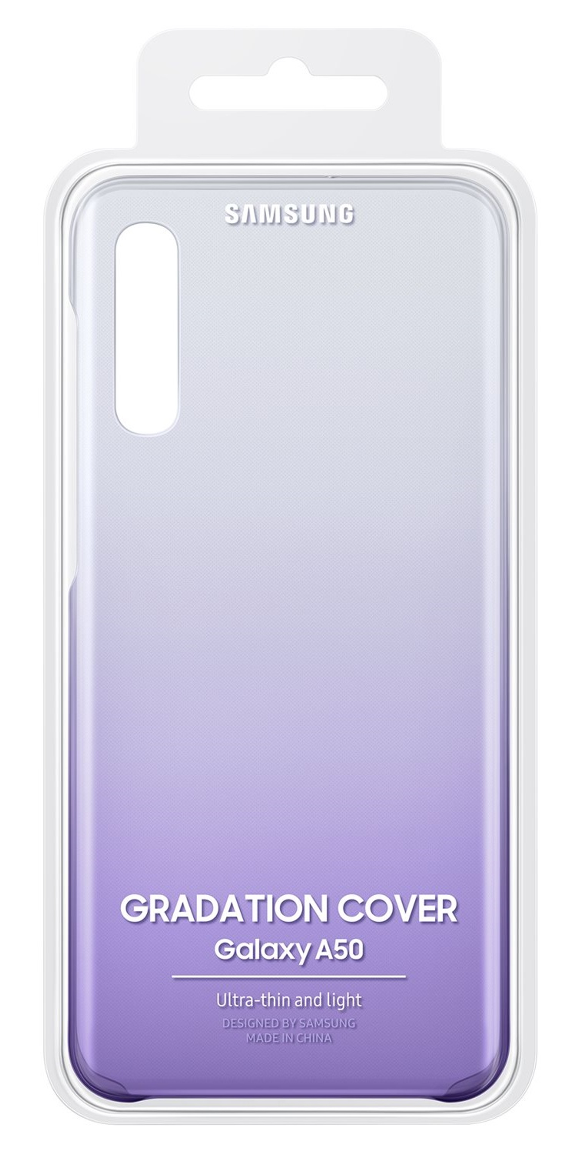 Een paarse en witte telefoonhoes met verloop in een doorzichtige plastic verpakking.