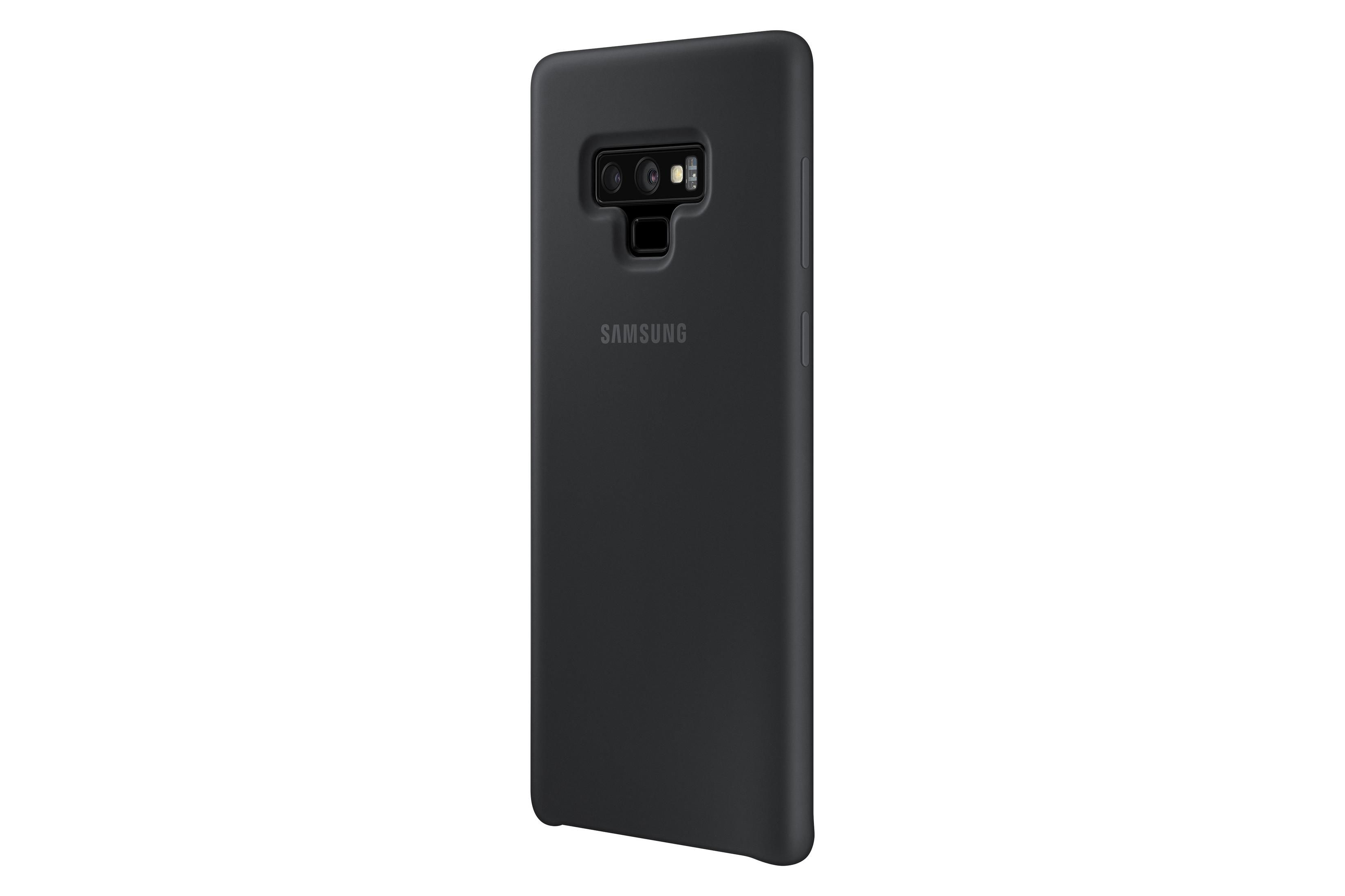 Custodia per telefono Samsung nera con ritaglio per fotocamera e la parola Samsung.