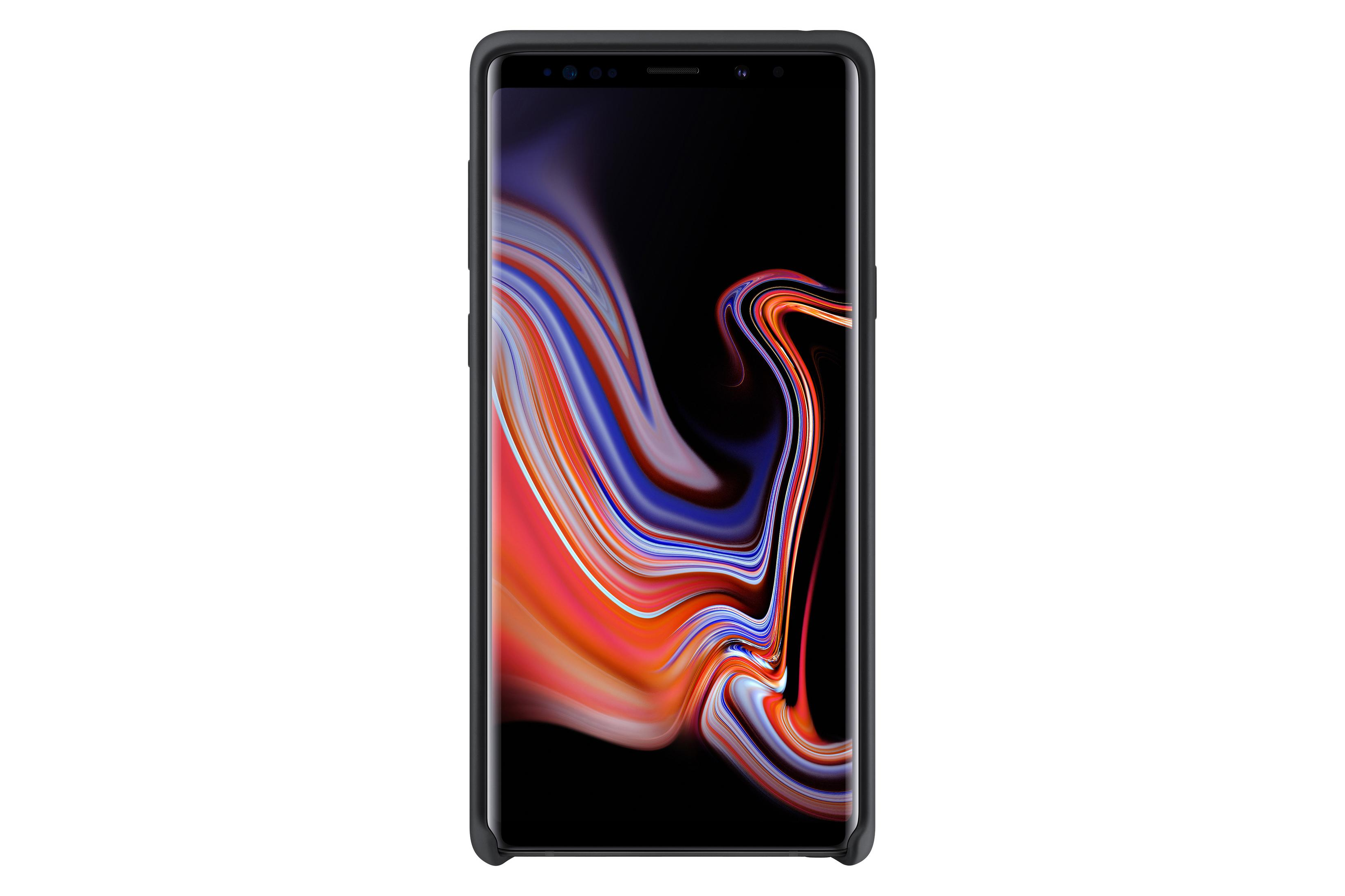 Telefono nero Samsung Galaxy Note 9 con schermo curvo colorato.