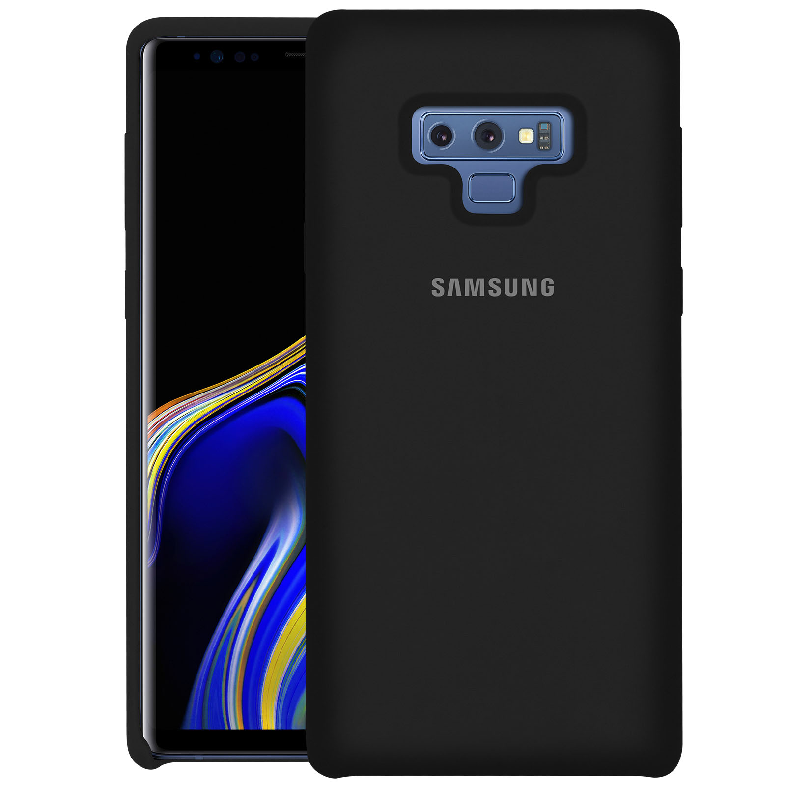 Telefono nero con custodia. Custodia aperta, logo Samsung visibile. Sfondo nero.