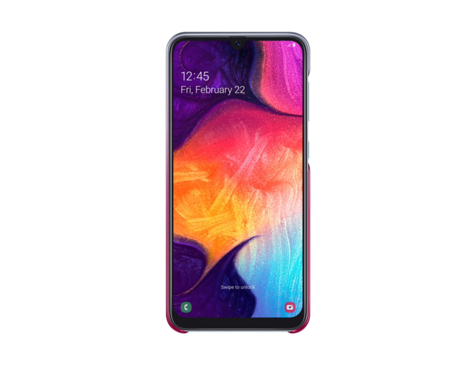 Een smartphone met een hoesje, met een kleurrijk scherm met de tijd en datum.