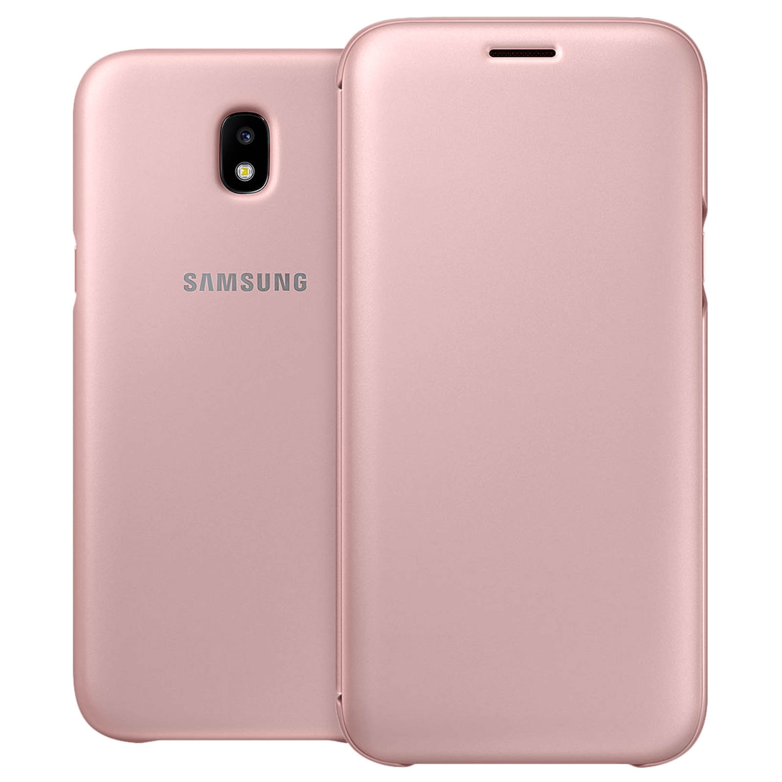 Funda de teléfono rosa, dos vistas. Una muestra la parte trasera con cámara, la otra el frente.