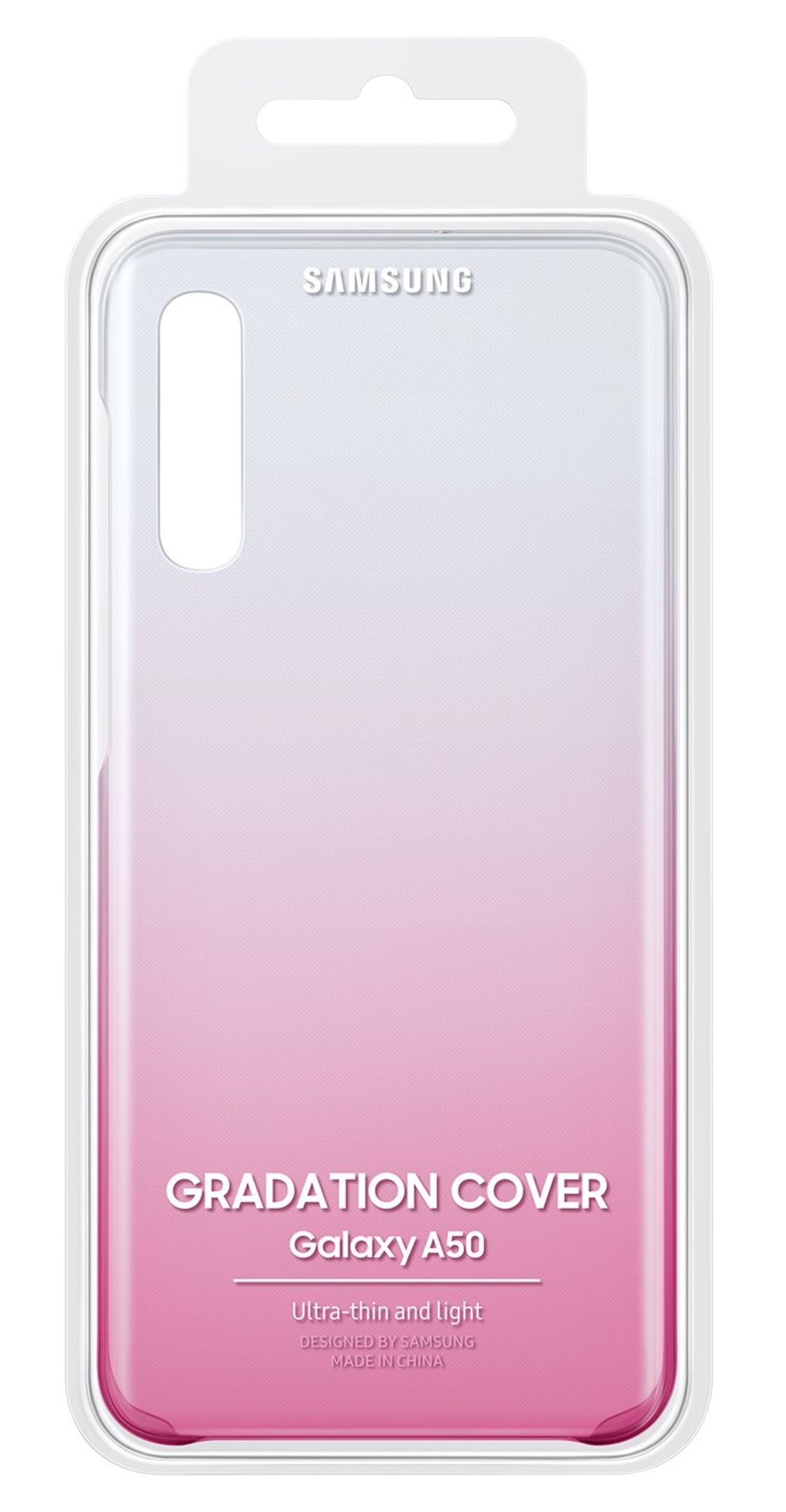 Een roze en witte telefoonhoes in verpakking. De hoes is voor een Galaxy A50.