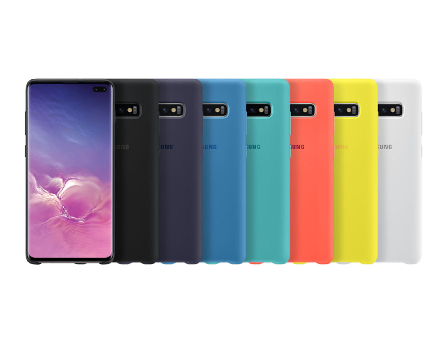 Raccolta di custodie colorate per telefoni, con un telefono sul lato sinistro.