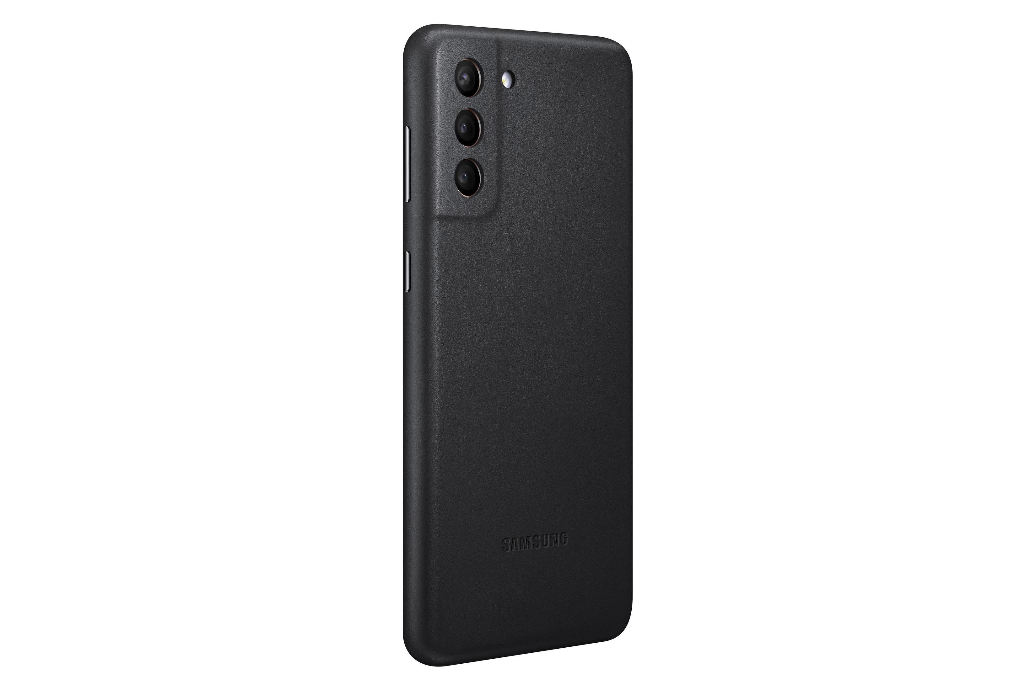Ein schwarzes Telefon, von hinten betrachtet. Merkmale sind drei Kameralinsen und das Samsung-Logo.
