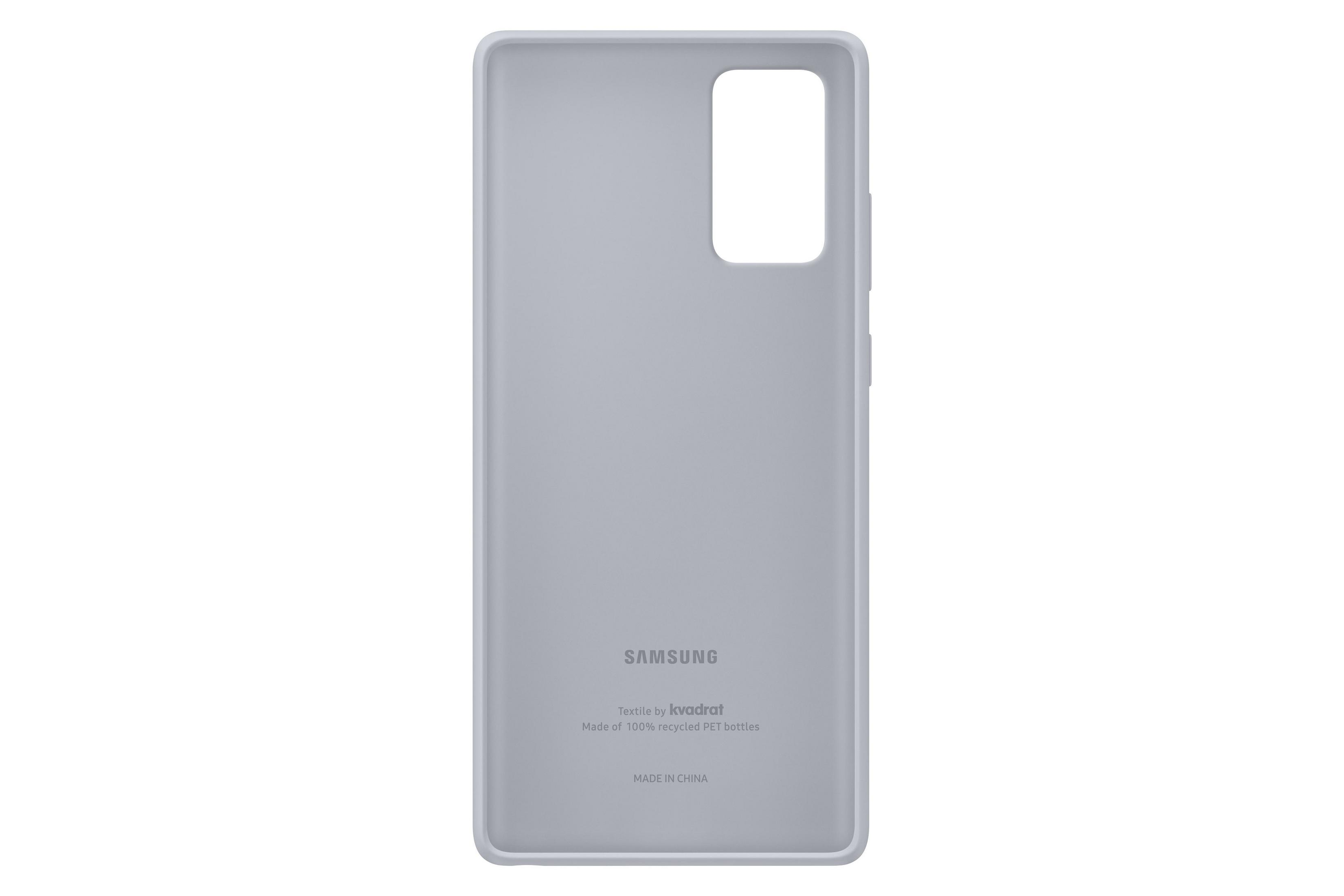 Hellgraue Handyhülle, Rückseite mit Samsung-Logo und Text.