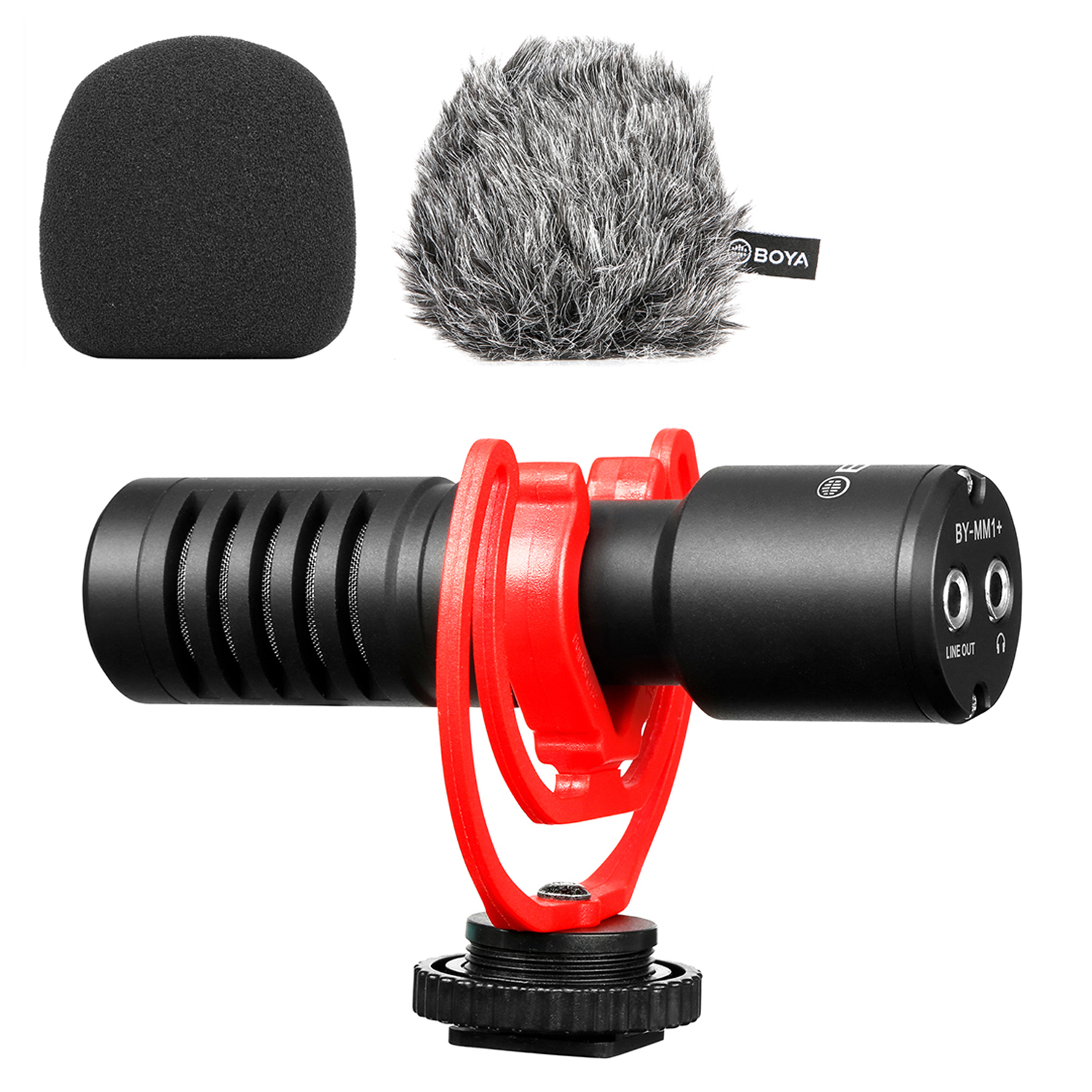 Czarny mikrofon z dwiema piankowymi osłonami i czerwonym uchwytem, na białym tle.