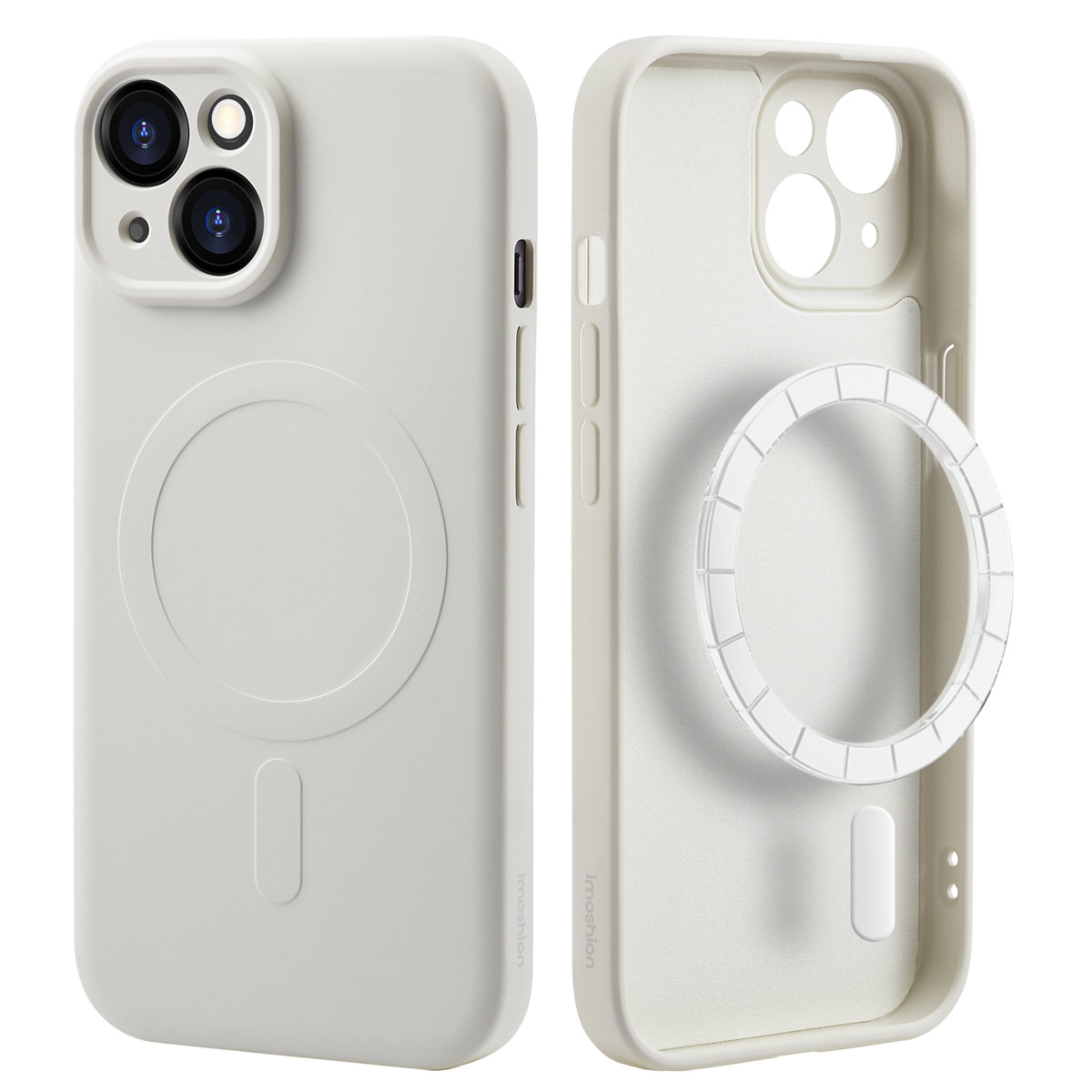 Two white phone cases, one with a MagSafe ring and one without, against a white background.