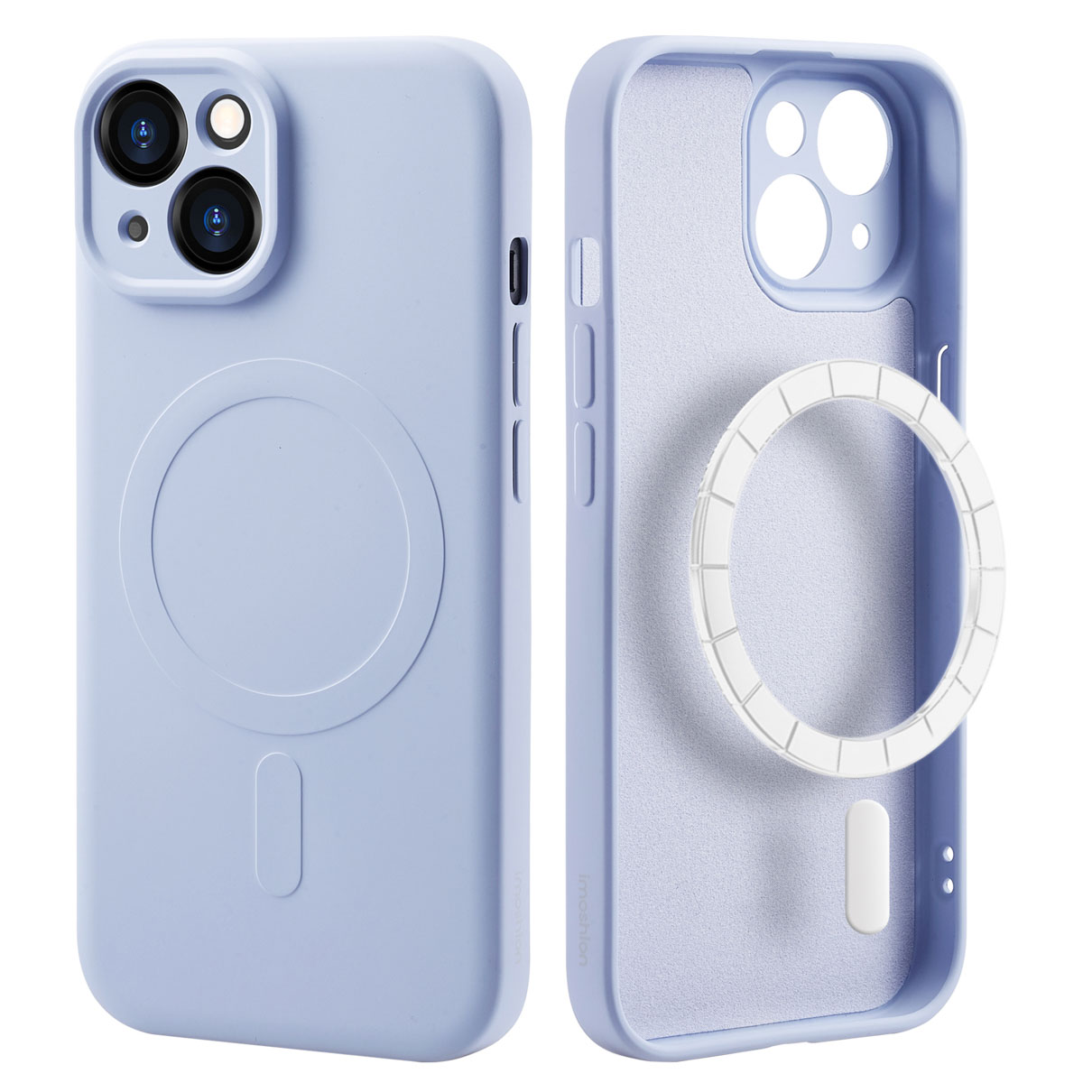 Light blue phone case with a white MagSafe ring and a phone.