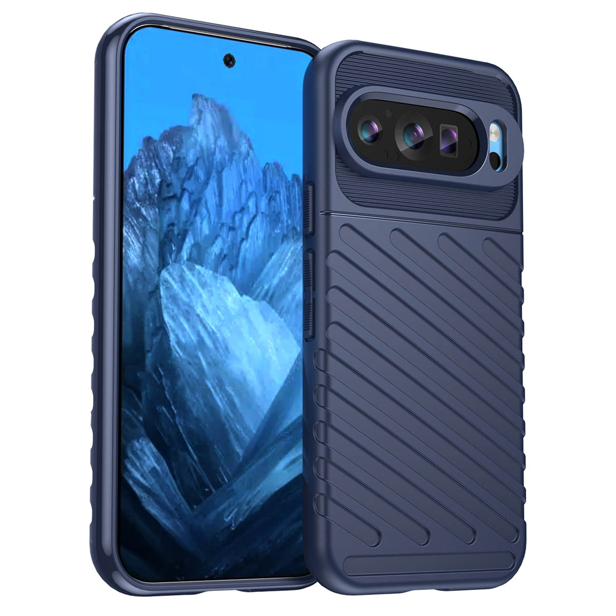 Een blauwe telefoon met een hoesje. De hoes heeft een camera-uitsparing en een textuurontwerp.