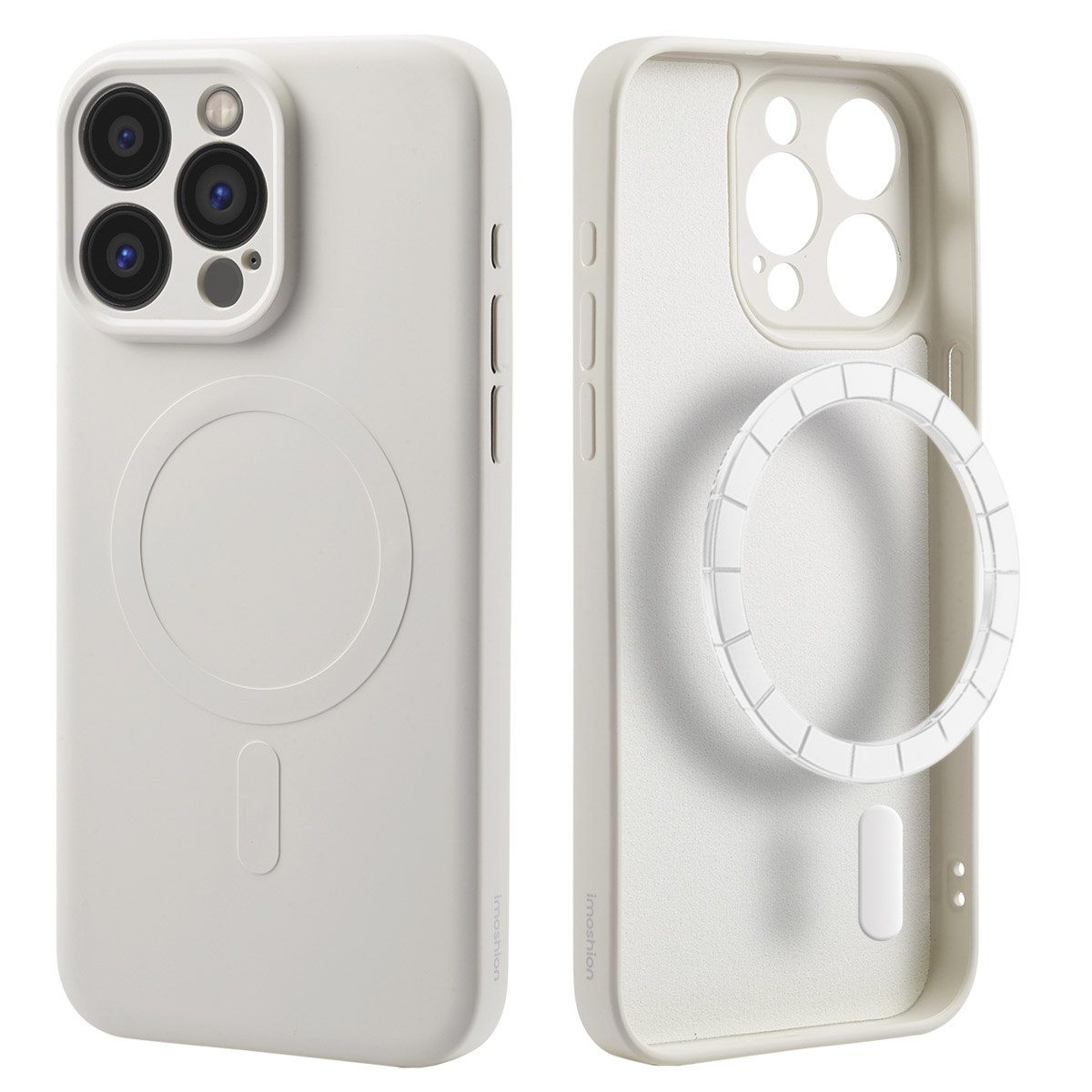 Twee telefoonhoesjes. Eén zijaanzicht, één achteraanzicht. Beide zijn lichtgrijs.