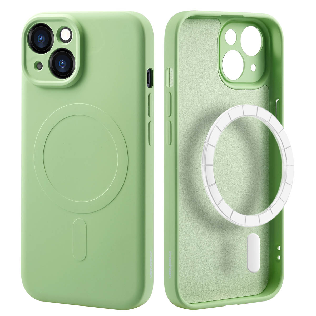 Green phone case. Two parts of a phone case. White background.