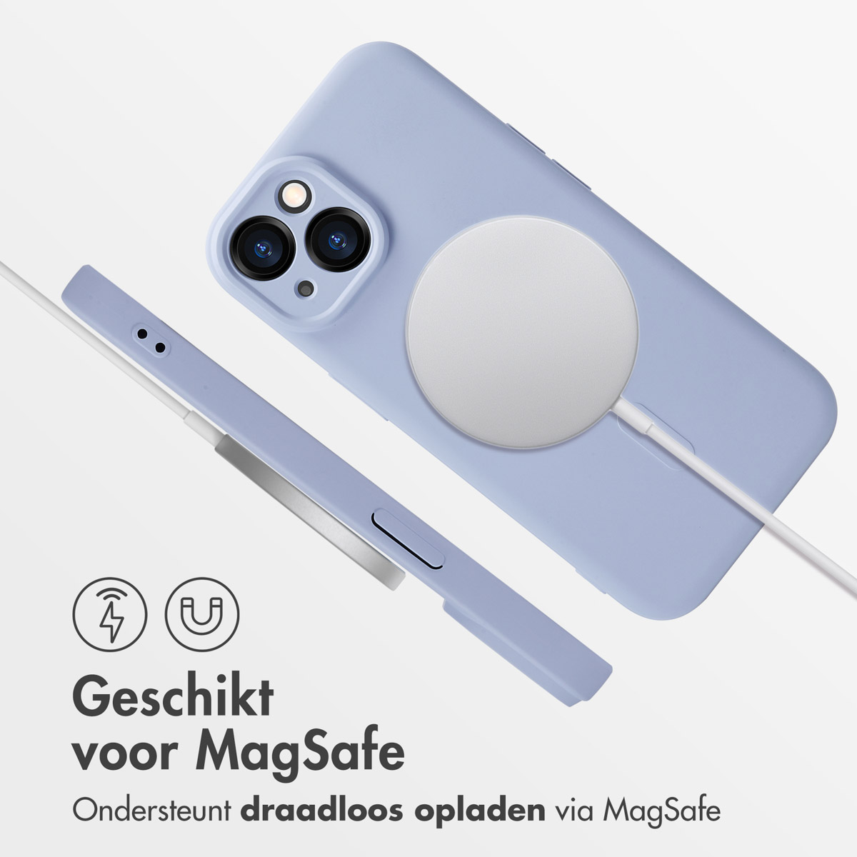 Blue phone case with MagSafe charger attached. Text: Suitable for MagSafe.