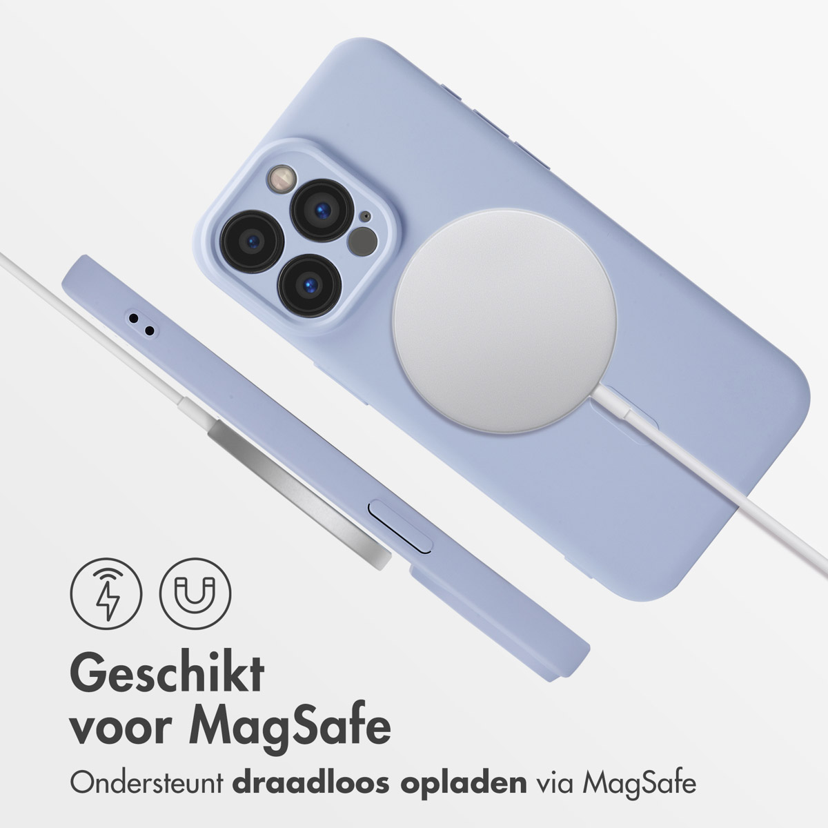Blauwe telefoon met witte MagSafe-lader en kabel. Tekst in het Nederlands.