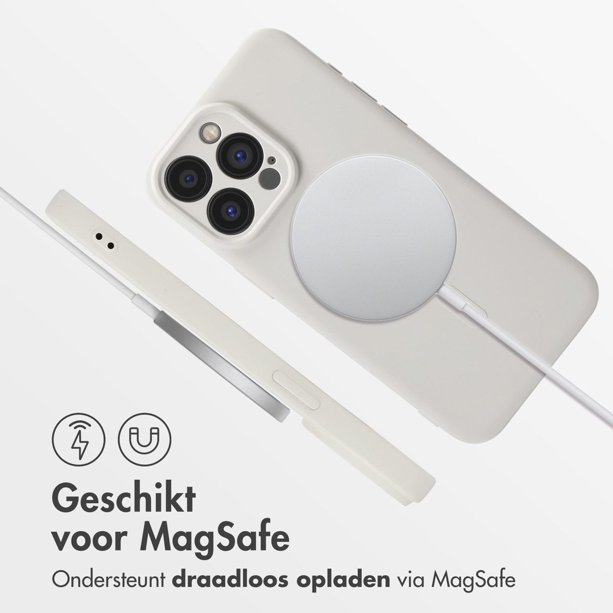 Witte telefoon met een MagSafe-oplader, tekst over draadloos opladen.