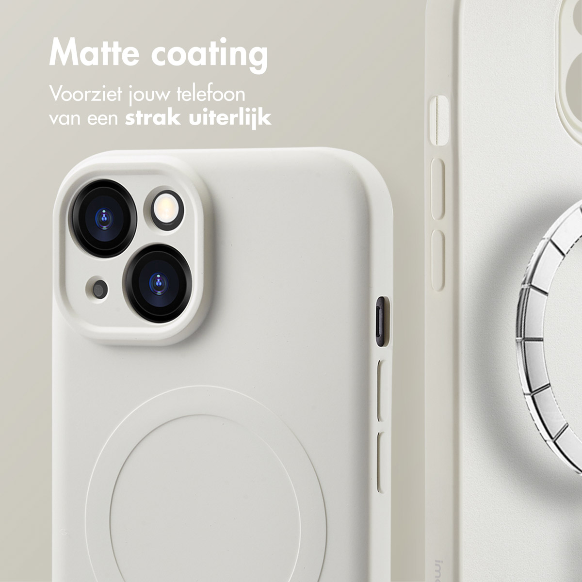 Phone with white case with matte coating and a circle on the back. The case has a camera cutout.
