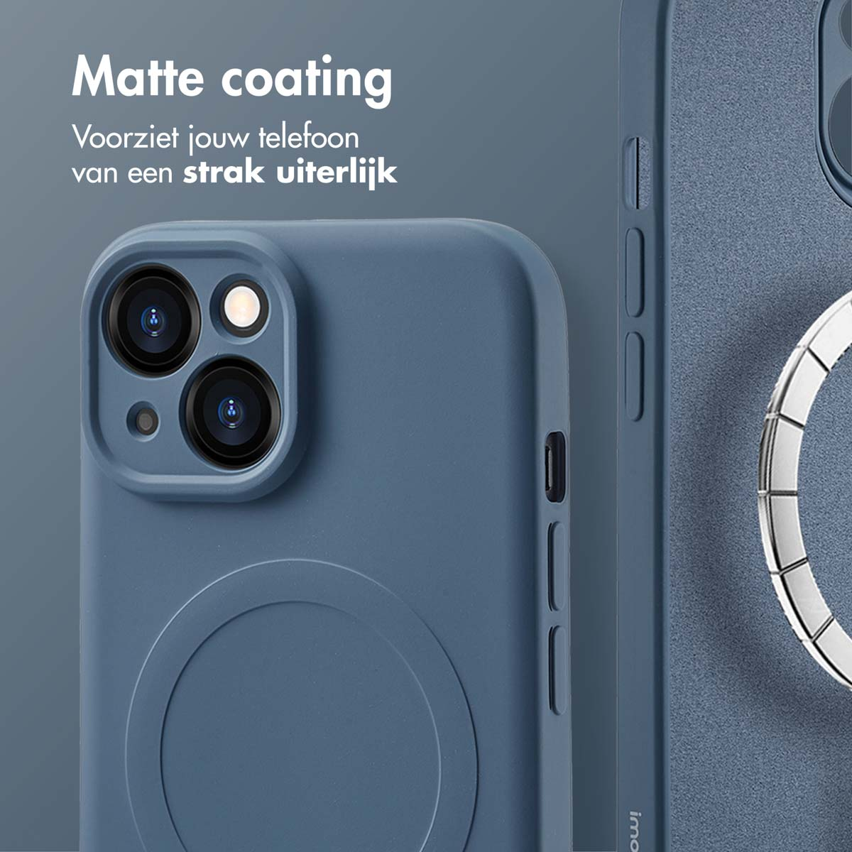 Blue phone case with three cameras and a magnetic ring. Matte coating.