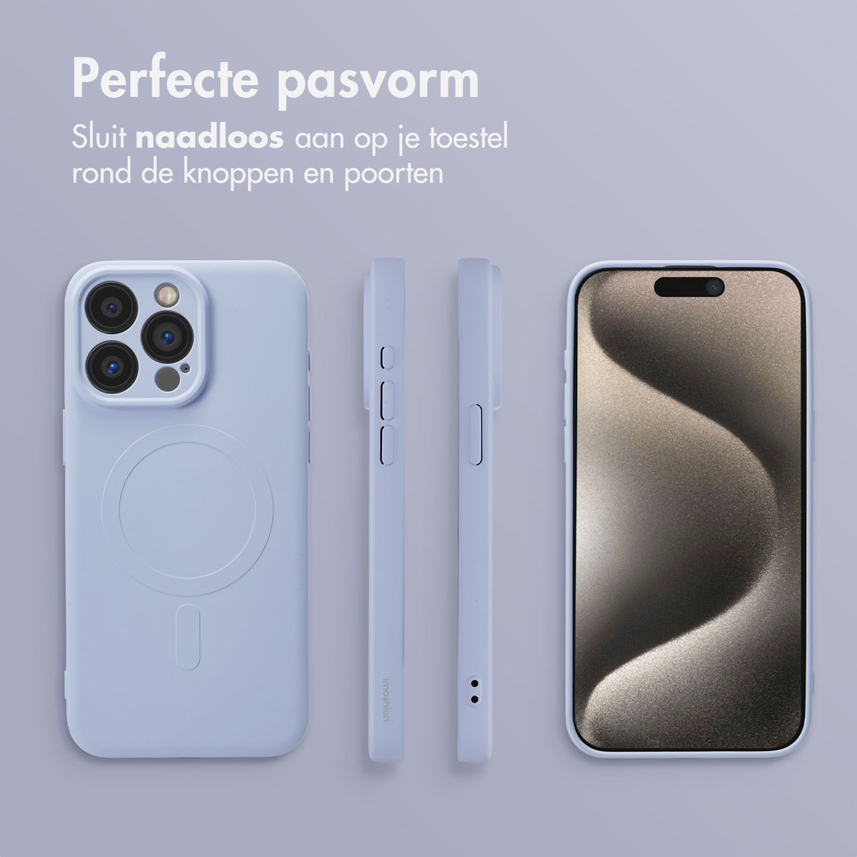 Telefoonhoesjes in lichtblauw, met verschillende weergaven. Tekst over de perfecte pasvorm. Grijze achtergrond.