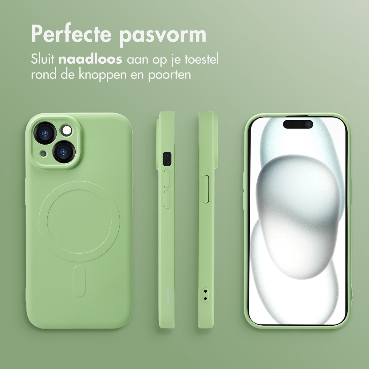 Green phone case with phone, side views. Text about perfect fit.