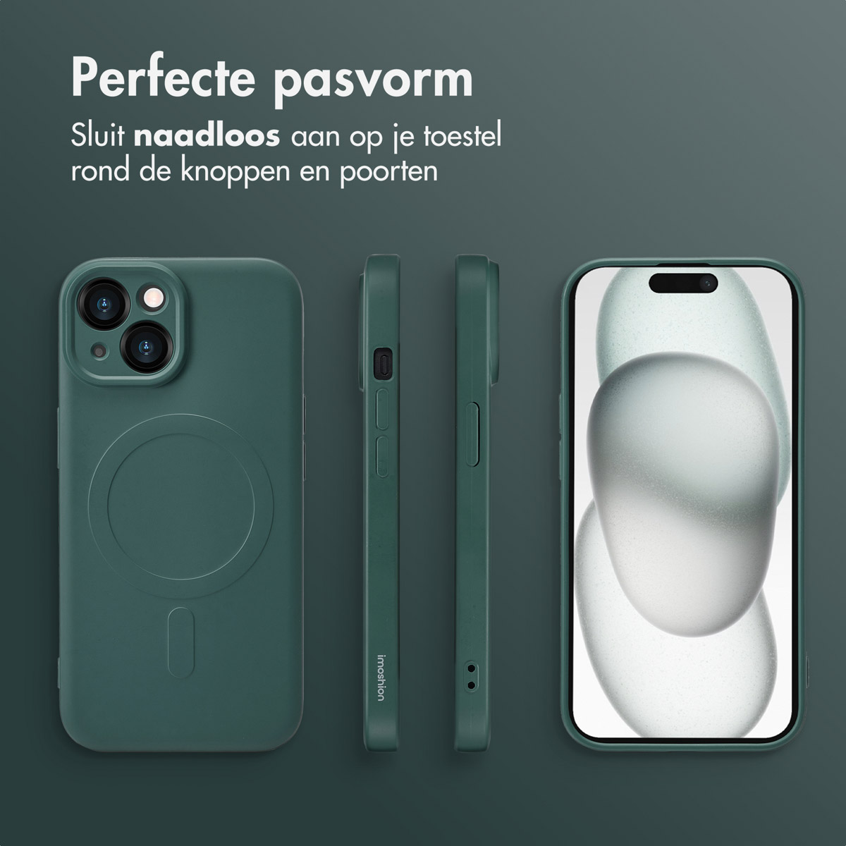 A green phone case with phone images on the left.