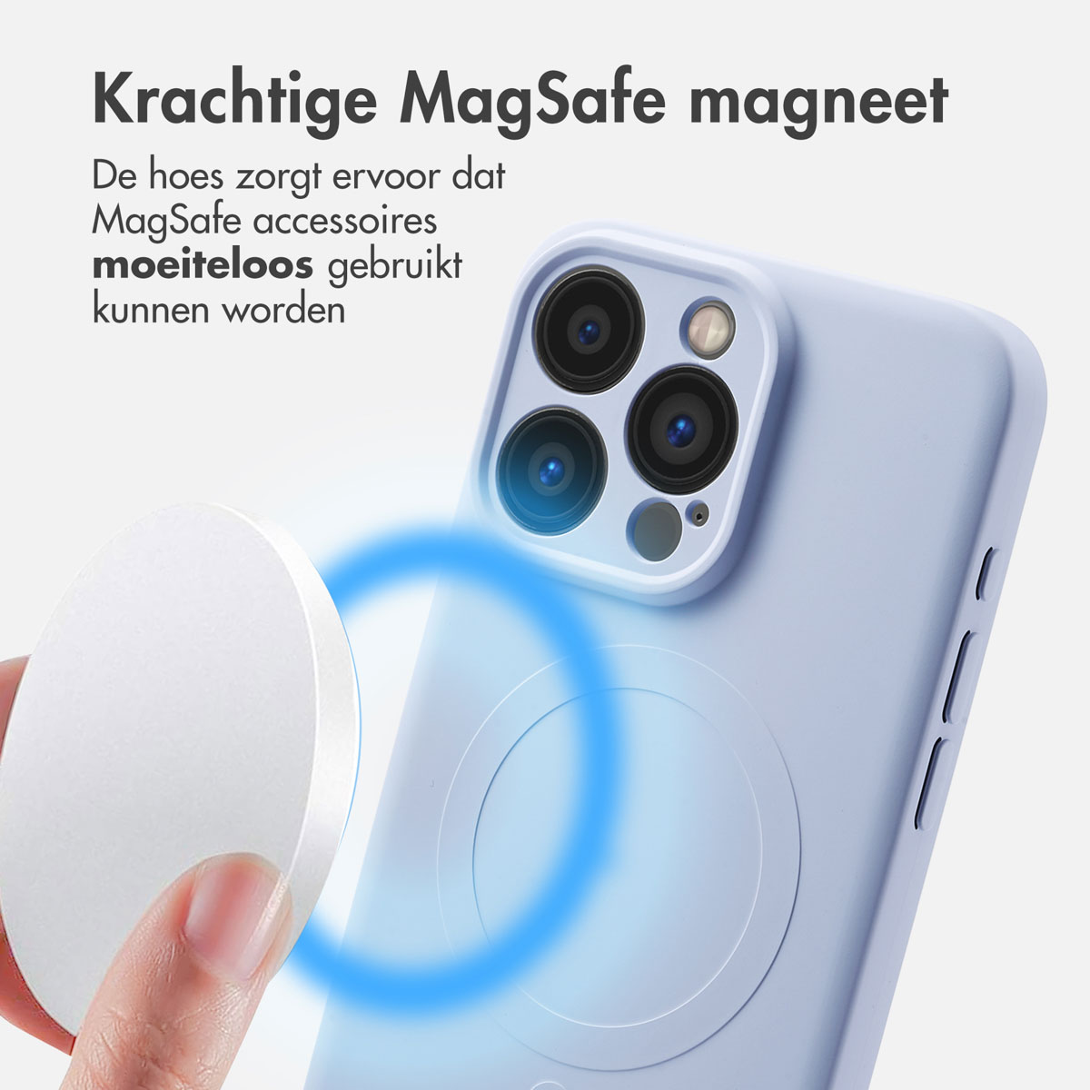 Blauwe telefoonhoes met een MagSafe-oplader. Tekst: Krachtige MagSafe-magneet.