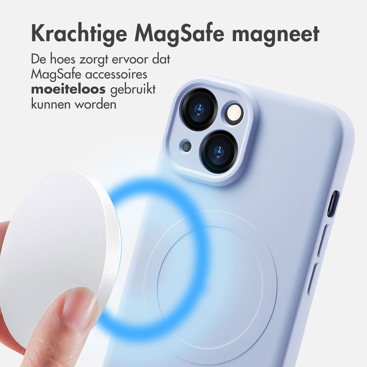 A white MagSafe accessory is held near a blue phone case. Text reads 'Strong MagSafe magnet'.