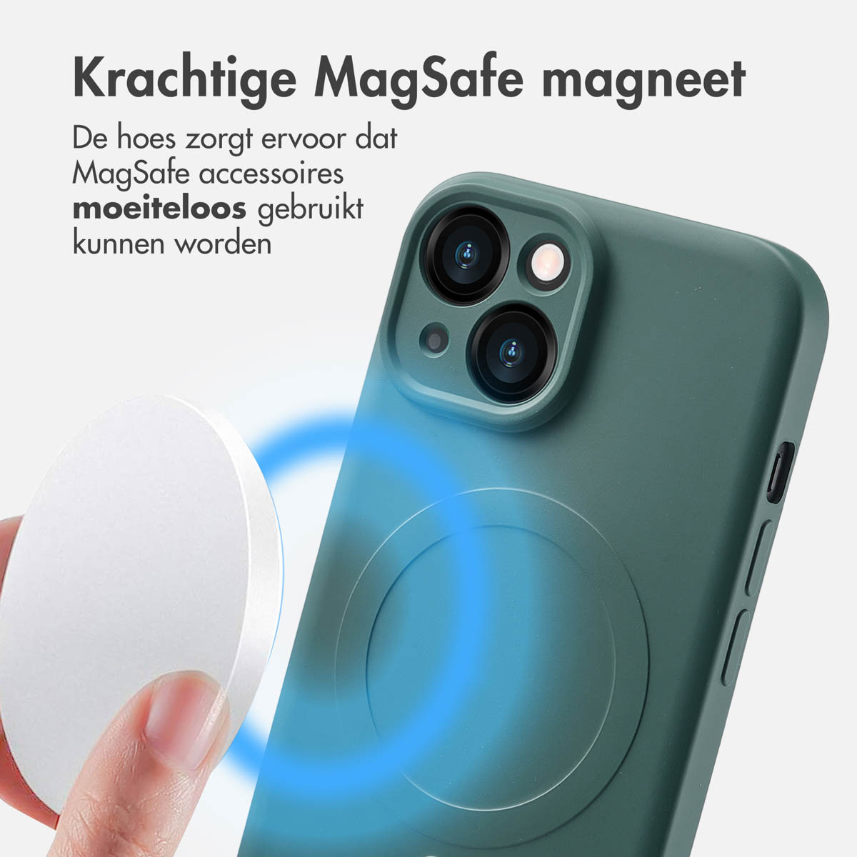 Green phone case with MagSafe magnet. A white disc is held near the phone.